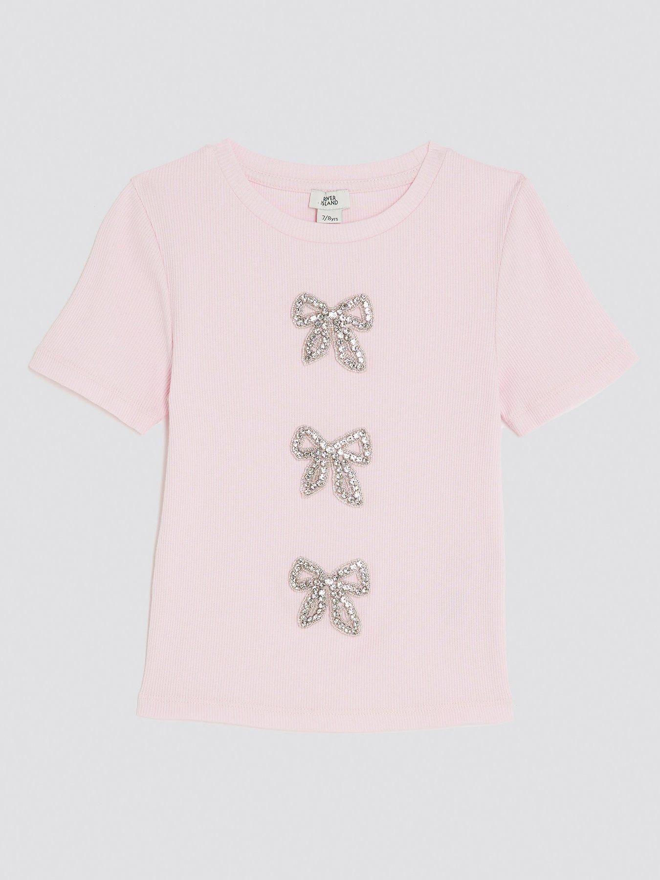 River Island Older Girls Ribbed Diamante Bow T-Shirt - Pink