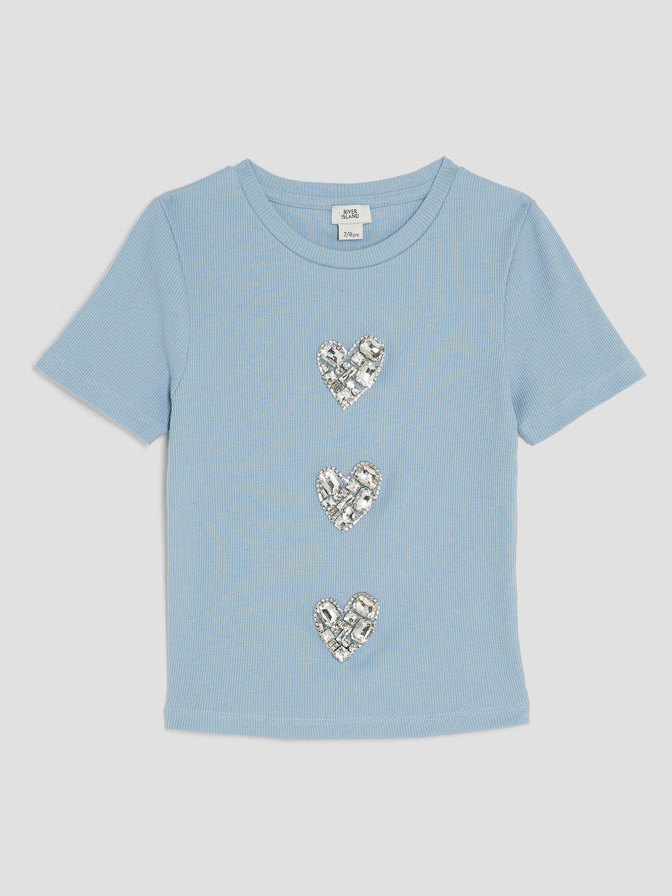 River Island Older Girls Ribbed Diamante Heart T-Shirt - Blue