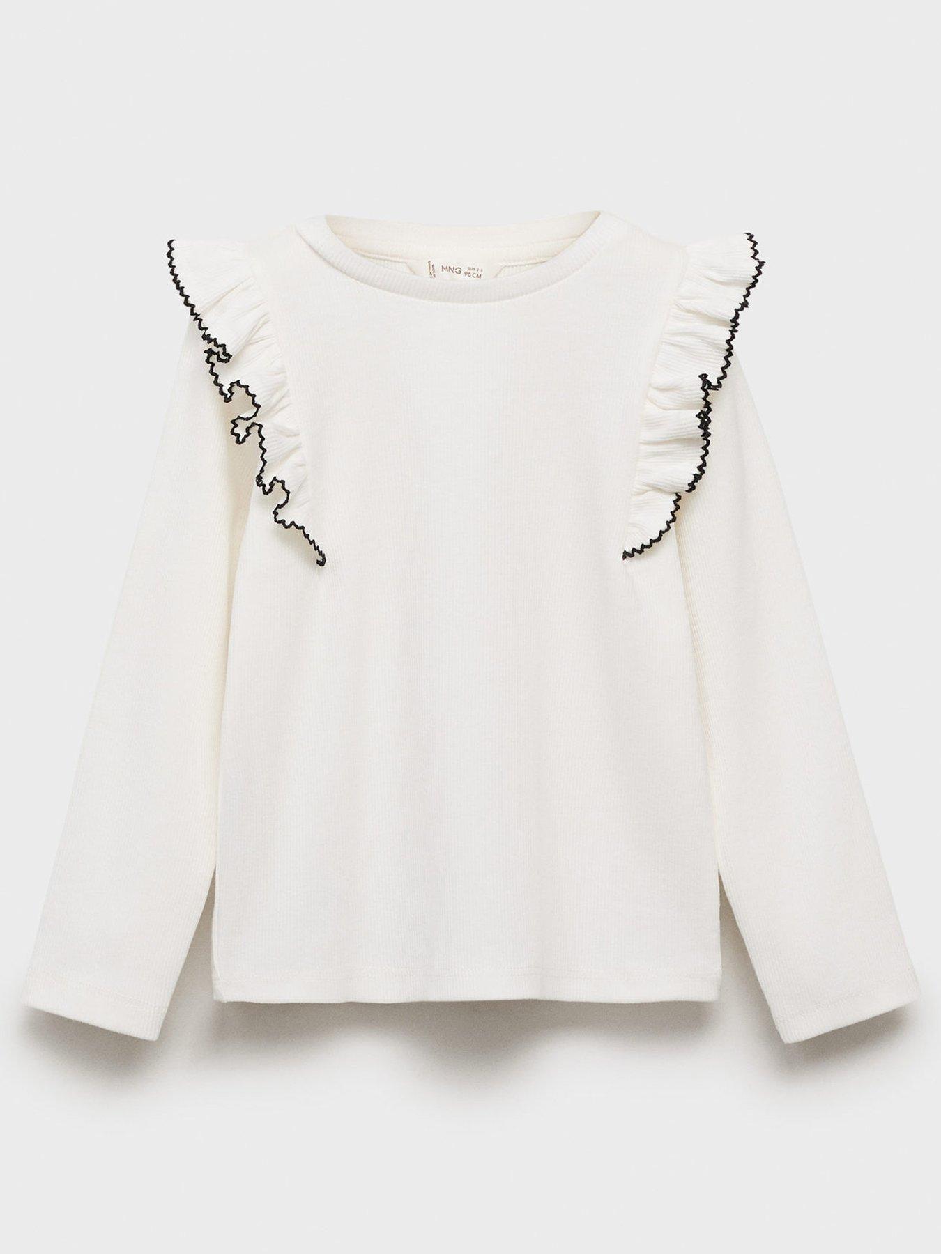 undefined Younger Girls Frill Shoulder Long Sleeve T-Shirt - Light Cream