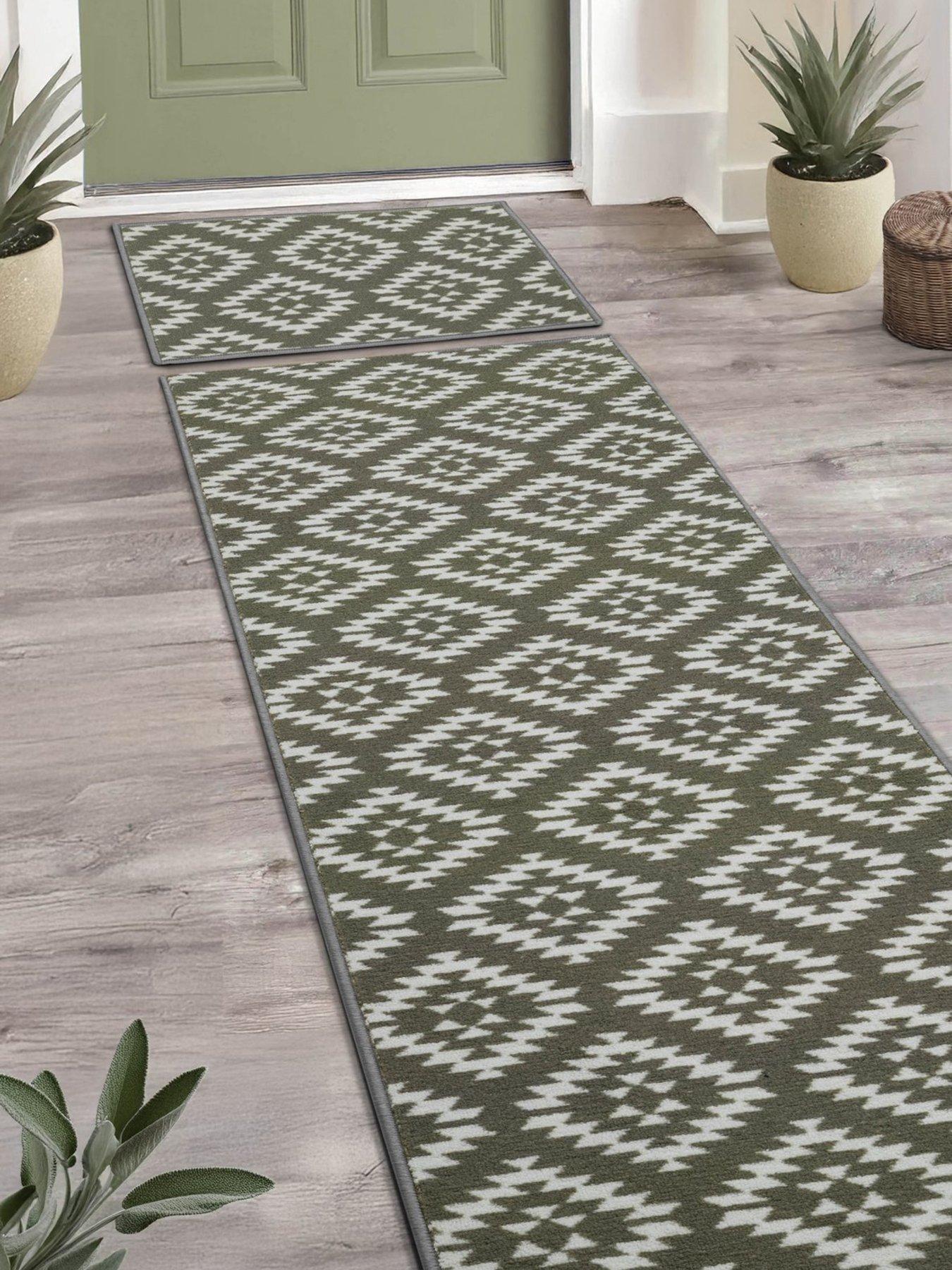 The Very Collection Aztec Sage Green Diamond Runner  &  Doormat Set