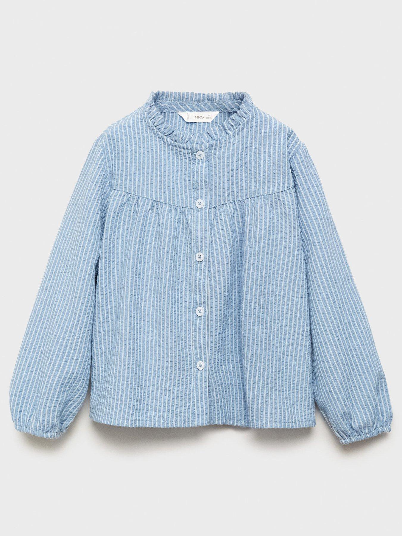 Mango Younger Girls Stripe Co-Ord Blouse, Blue, Size Age: 9-12 Months