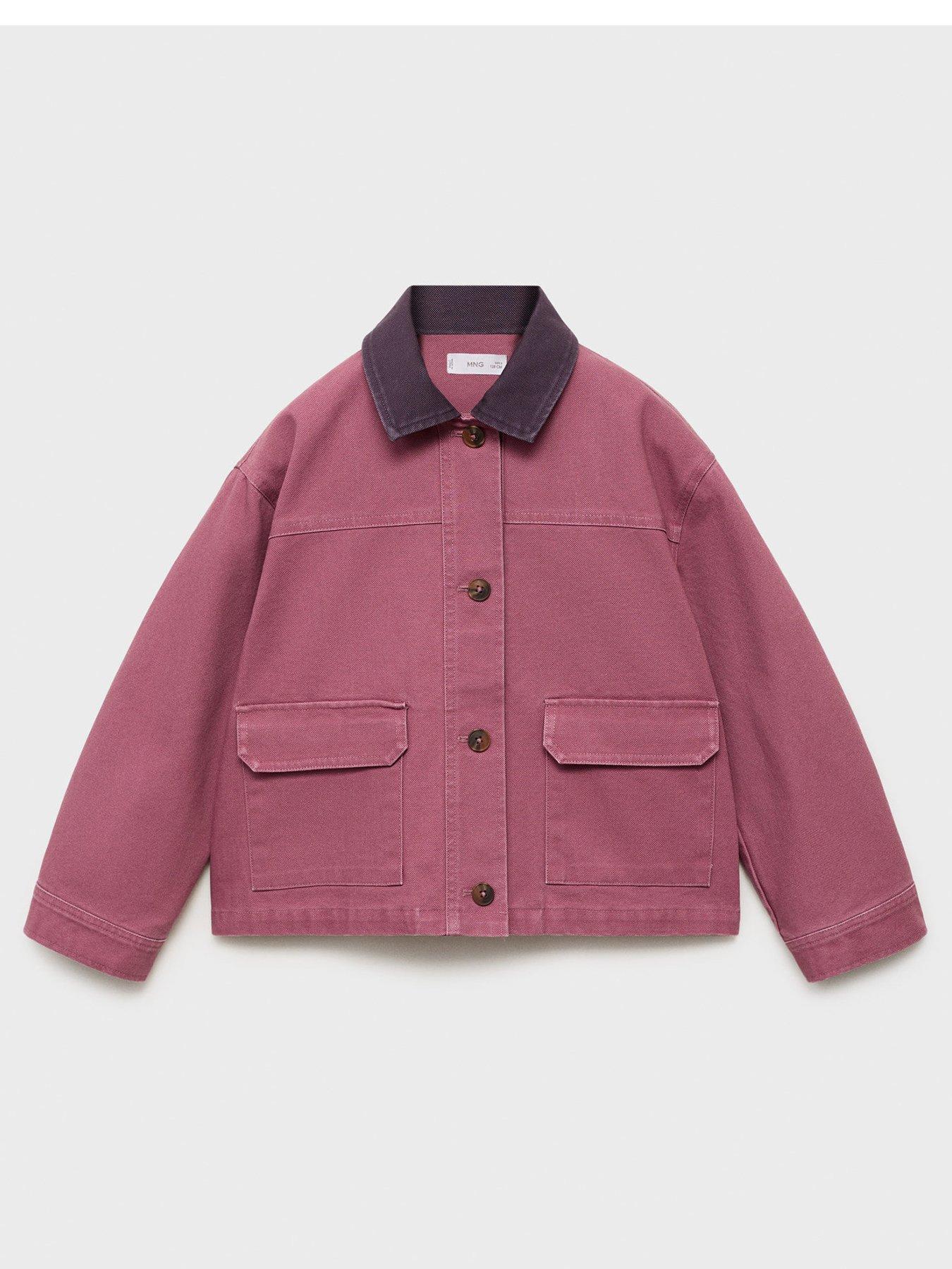 Image 1 of 4 of Mango Girls Contrast Collar Denim Jacket - Dark Pink