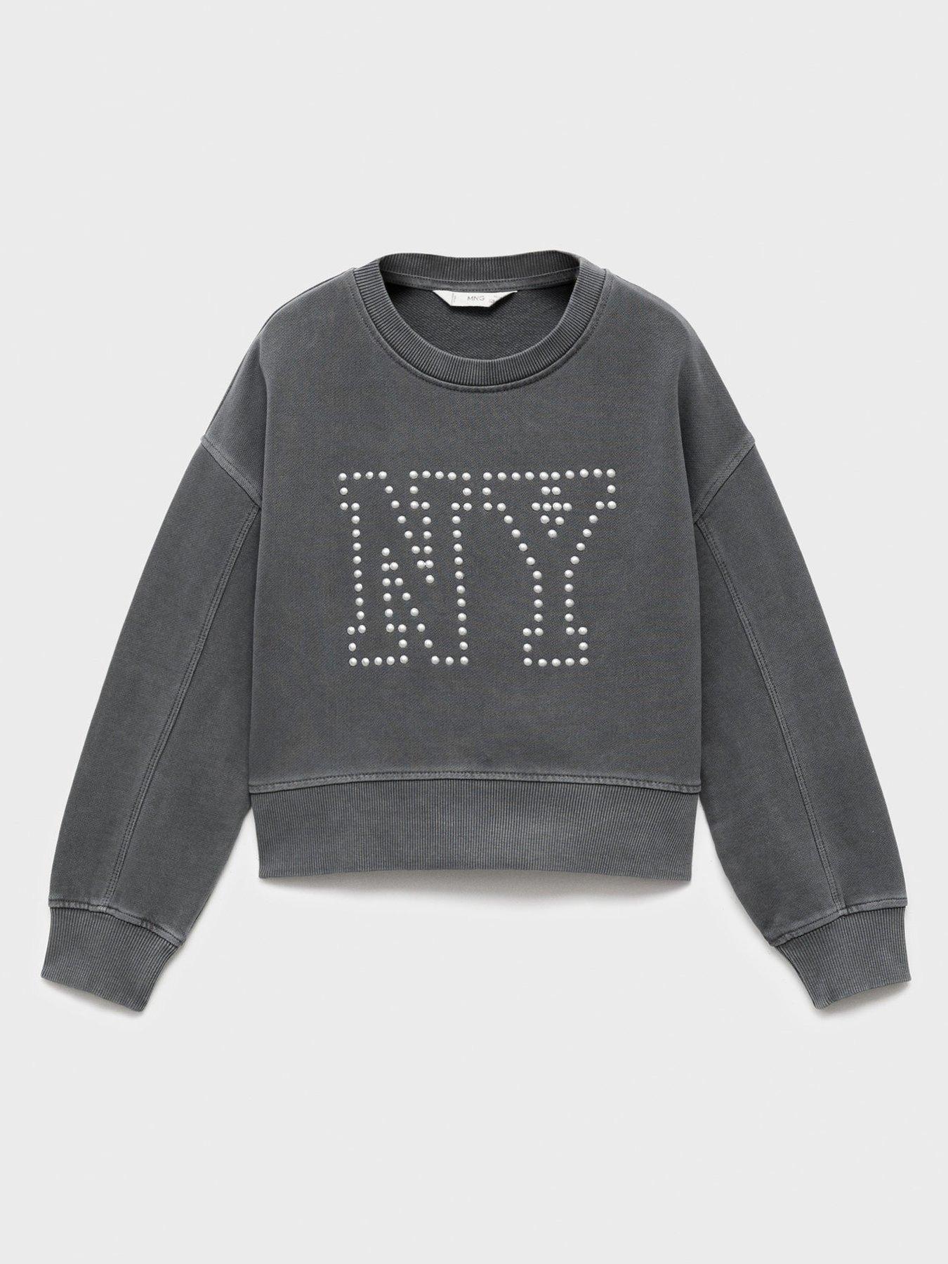 Mango Girls NY Rhinestone Co-Ord Sweat, Dark Grey, Size Age: 5-6 Years