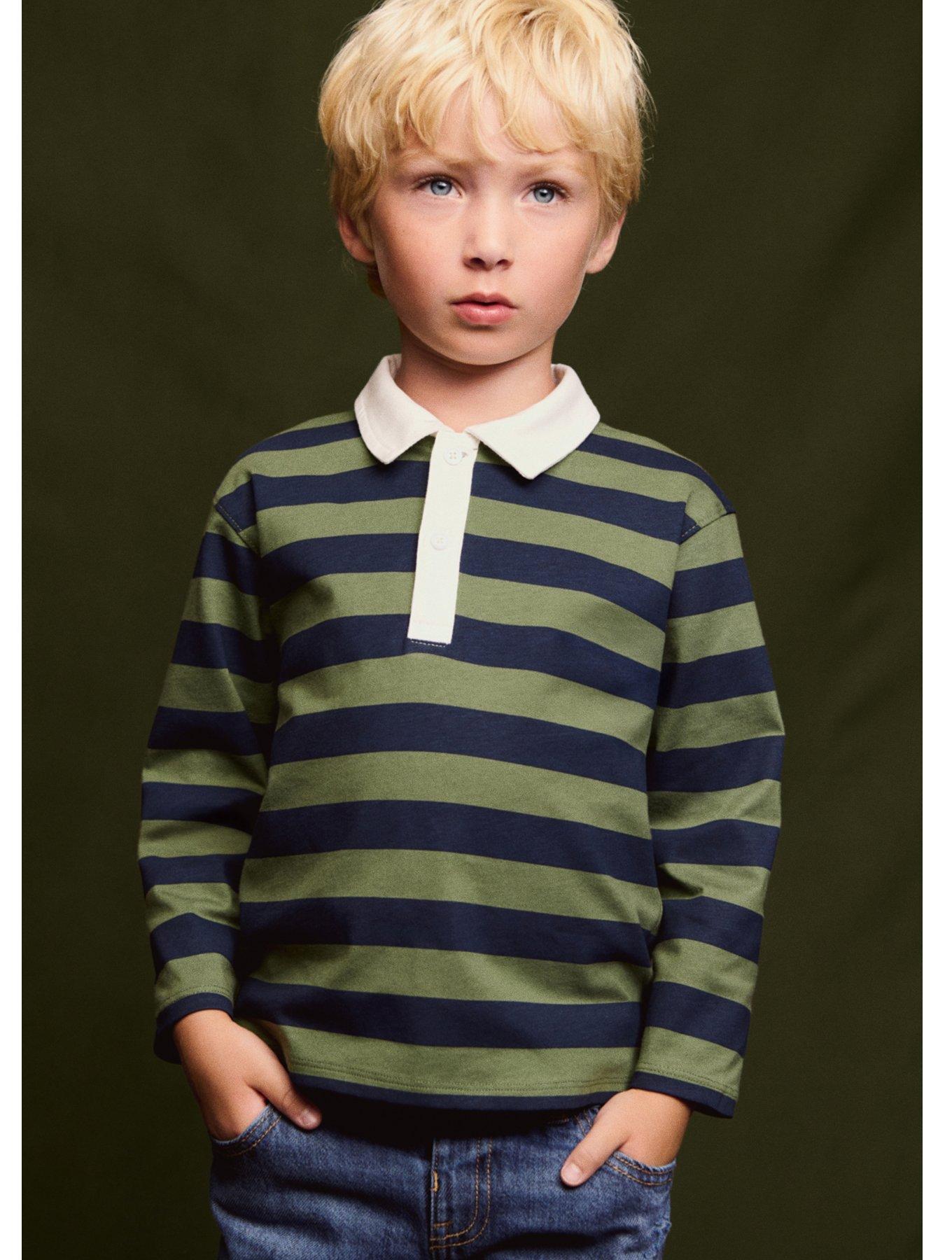 undefined Younger Boys Striped Long Sleeve Rugby Polo - Green