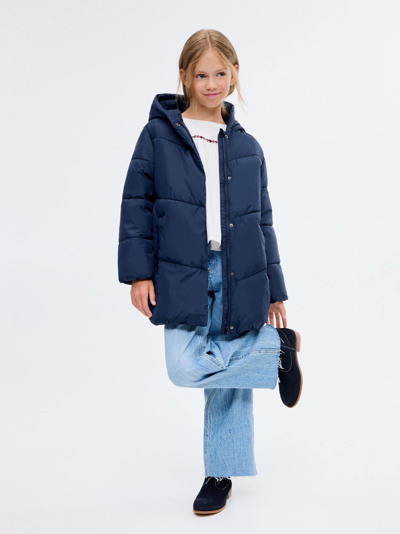 Image 1 of 6 of Mango Girls Padded Longline Coat - Navy