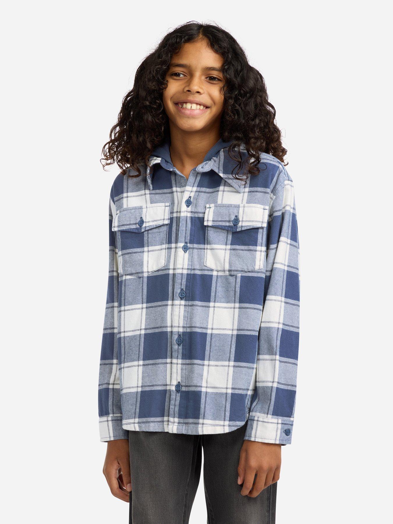 undefined Boys Hooded Flannel Checked Long Sleeve Shirt - Blue