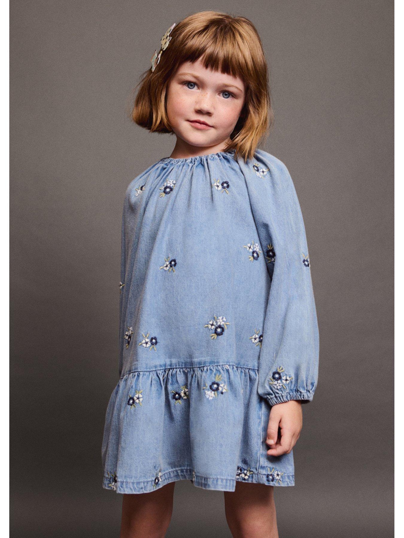 undefined Younger Girls Floral Long Sleeve Denim Dress - Blue