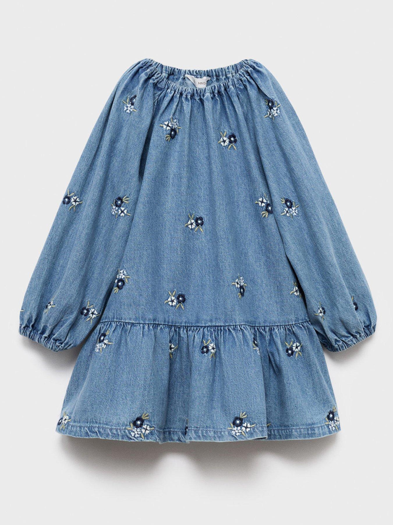 undefined Younger Girls Floral Long Sleeve Denim Dress - Blue
