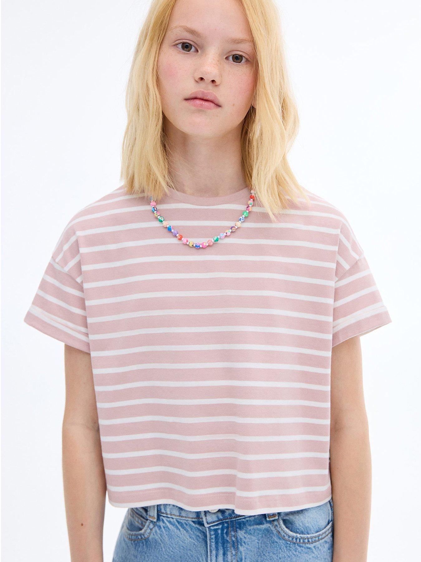 undefined Girls Stripe Short Sleeve T-Shirt - Pink