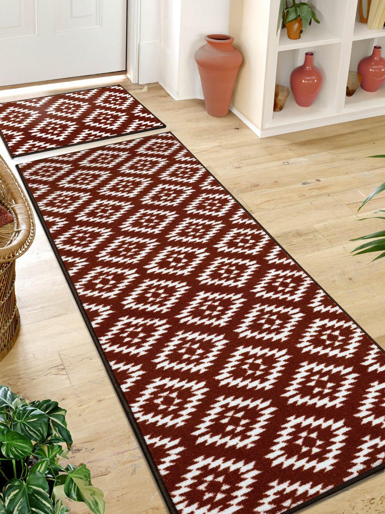 Aztec Terracotta Diamond Runner  &  Doormat Set