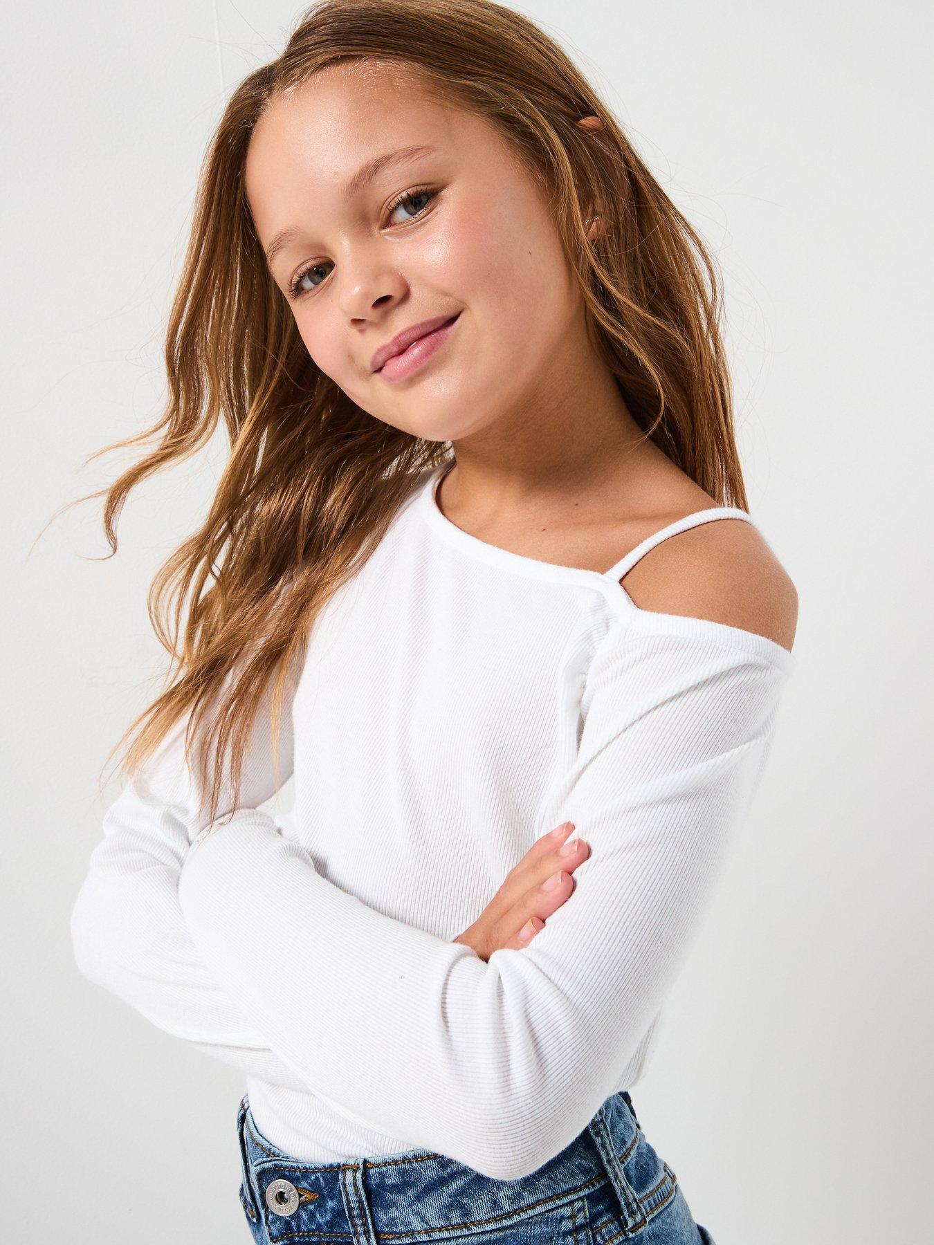 undefined Girls Asymmetrical Ruched Long Sleeve - White