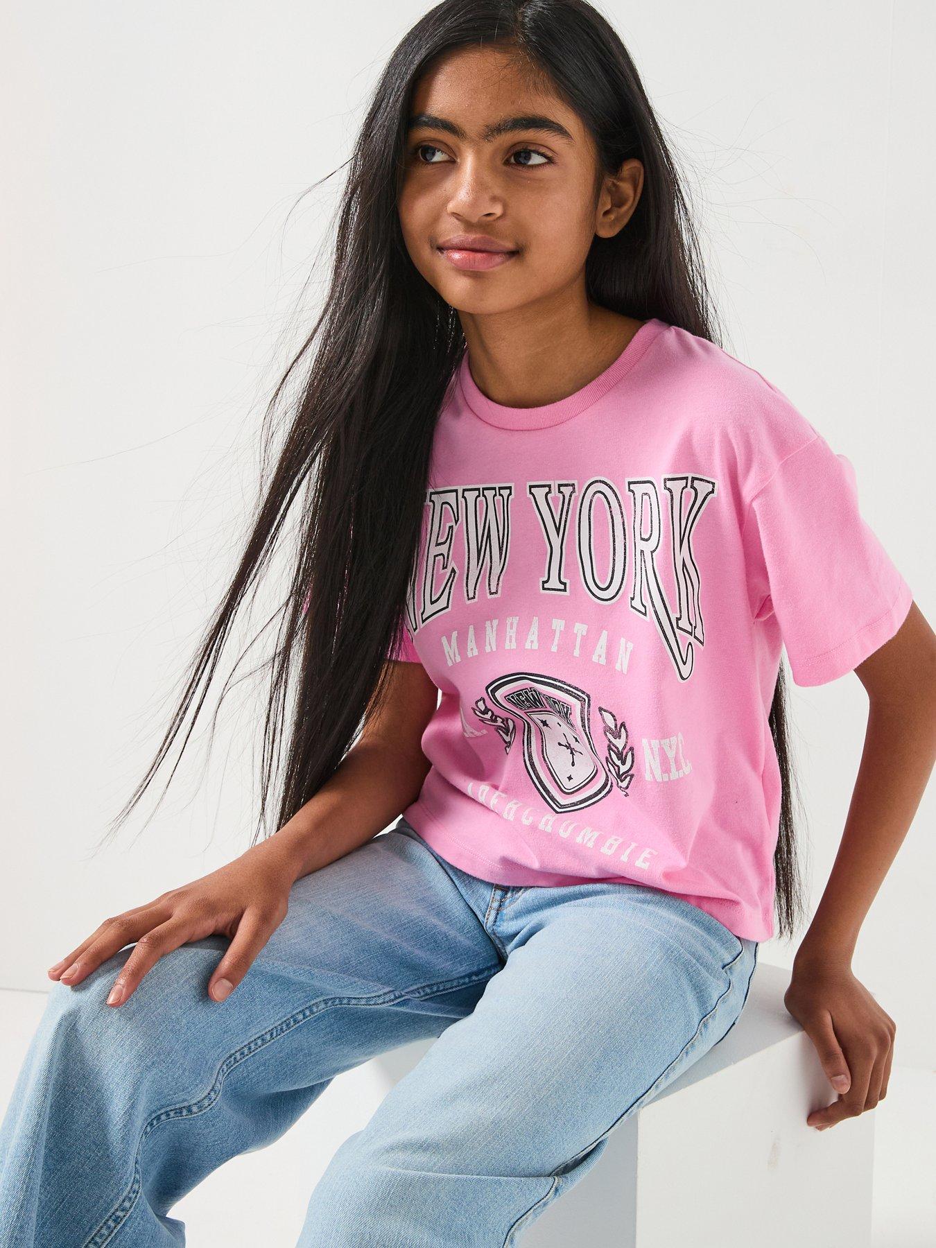 Abercrombie & Fitch Girls New York Crest Boxy Short Sleeve T-Shirt - Pink
