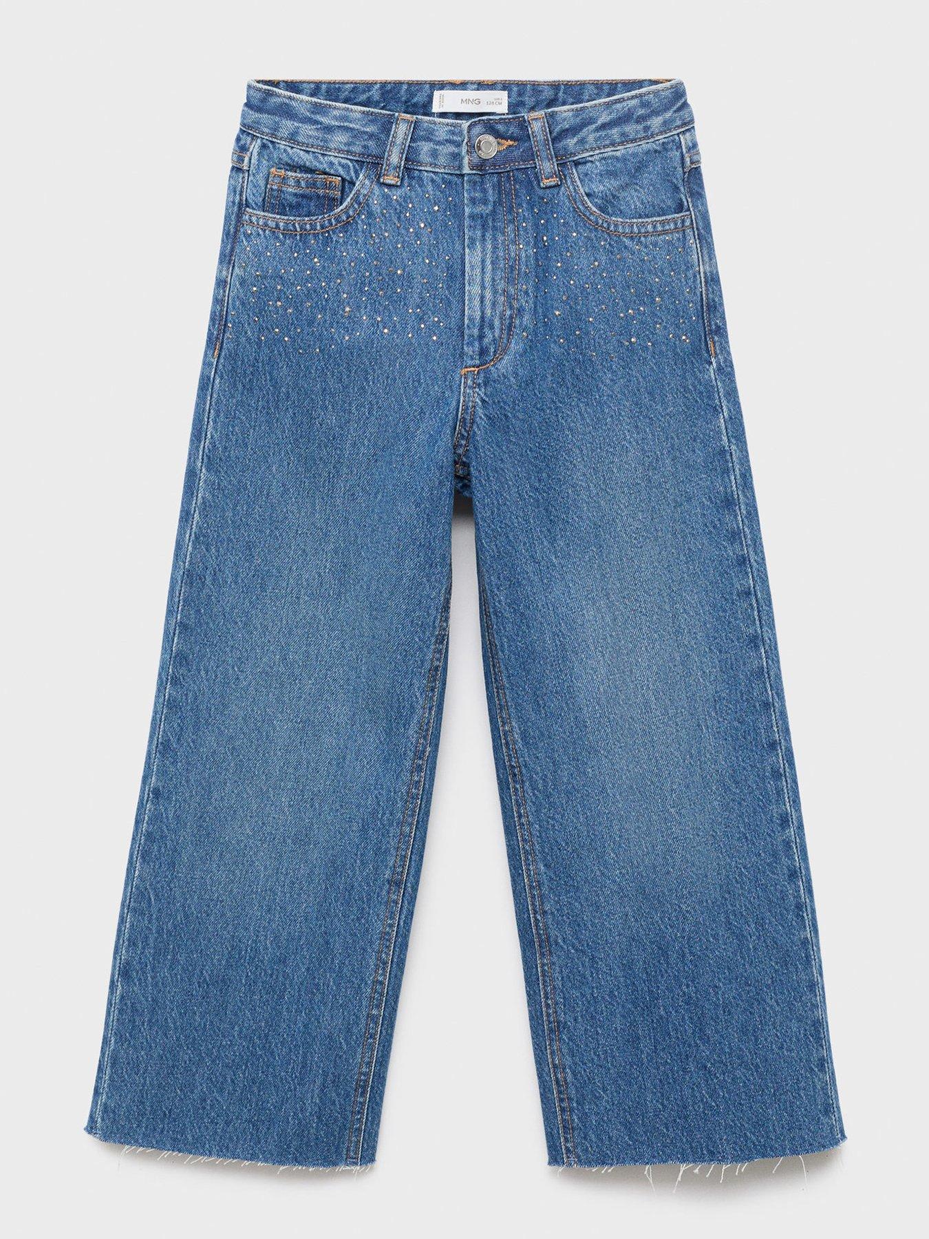 Mango Girls Rhinestone Wide Jeans - Dark Blue