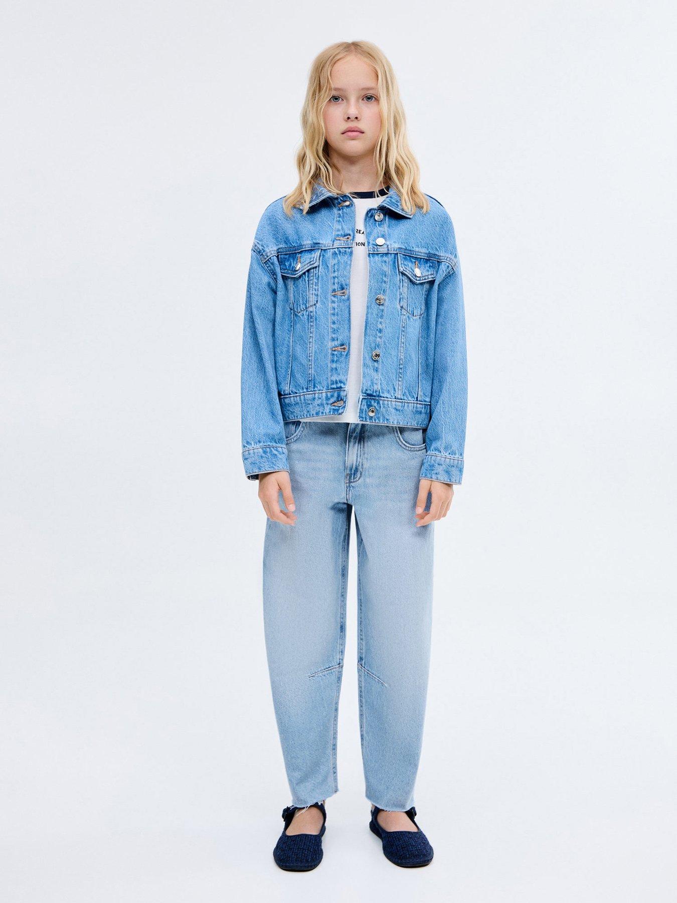 Image 1 of 5 of Mango Girls Raw Hem Jeans - Light Blue