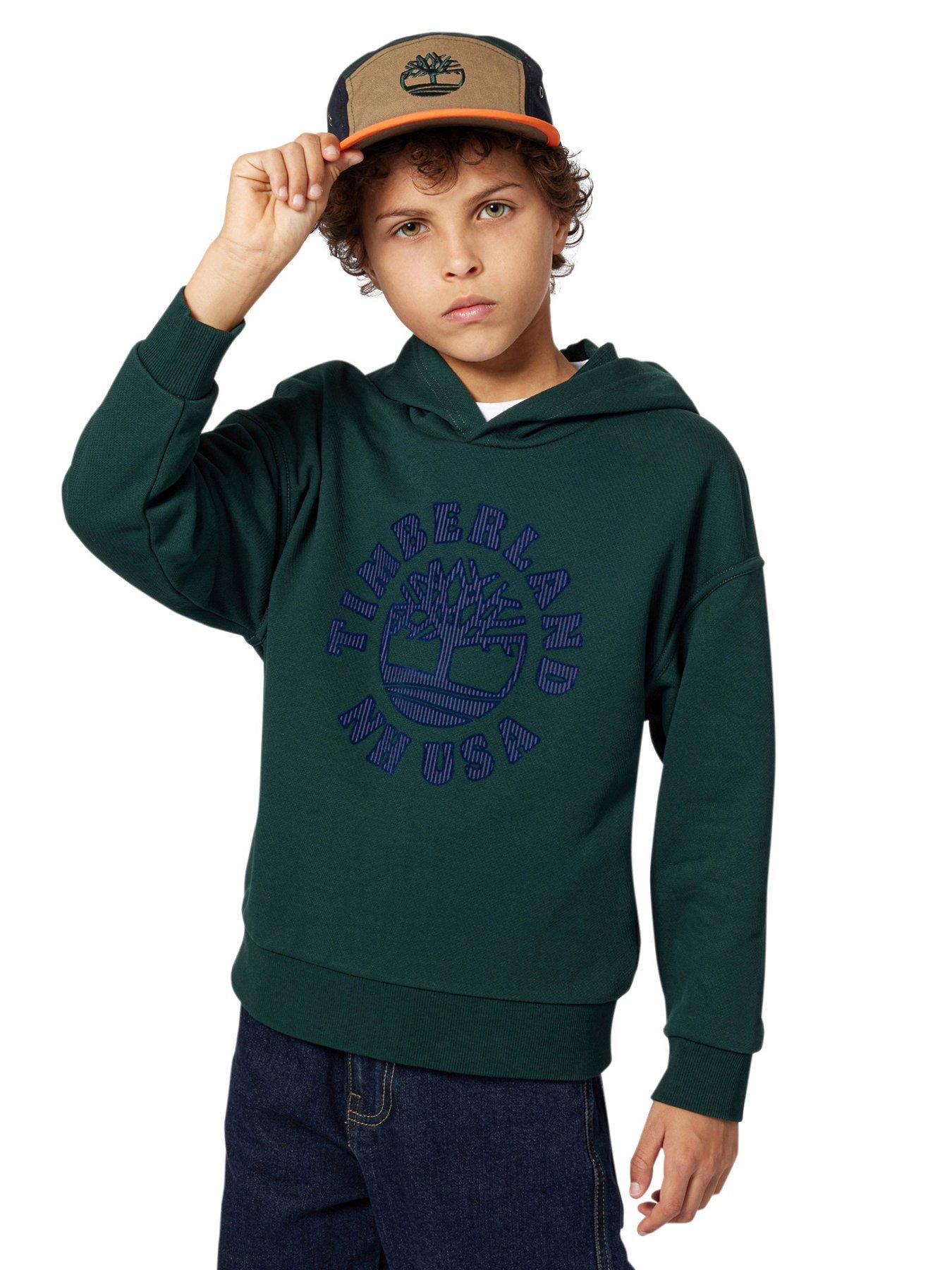 Timberland Boys Flocked Print Hoodie, Dark Green, Size 6 Years