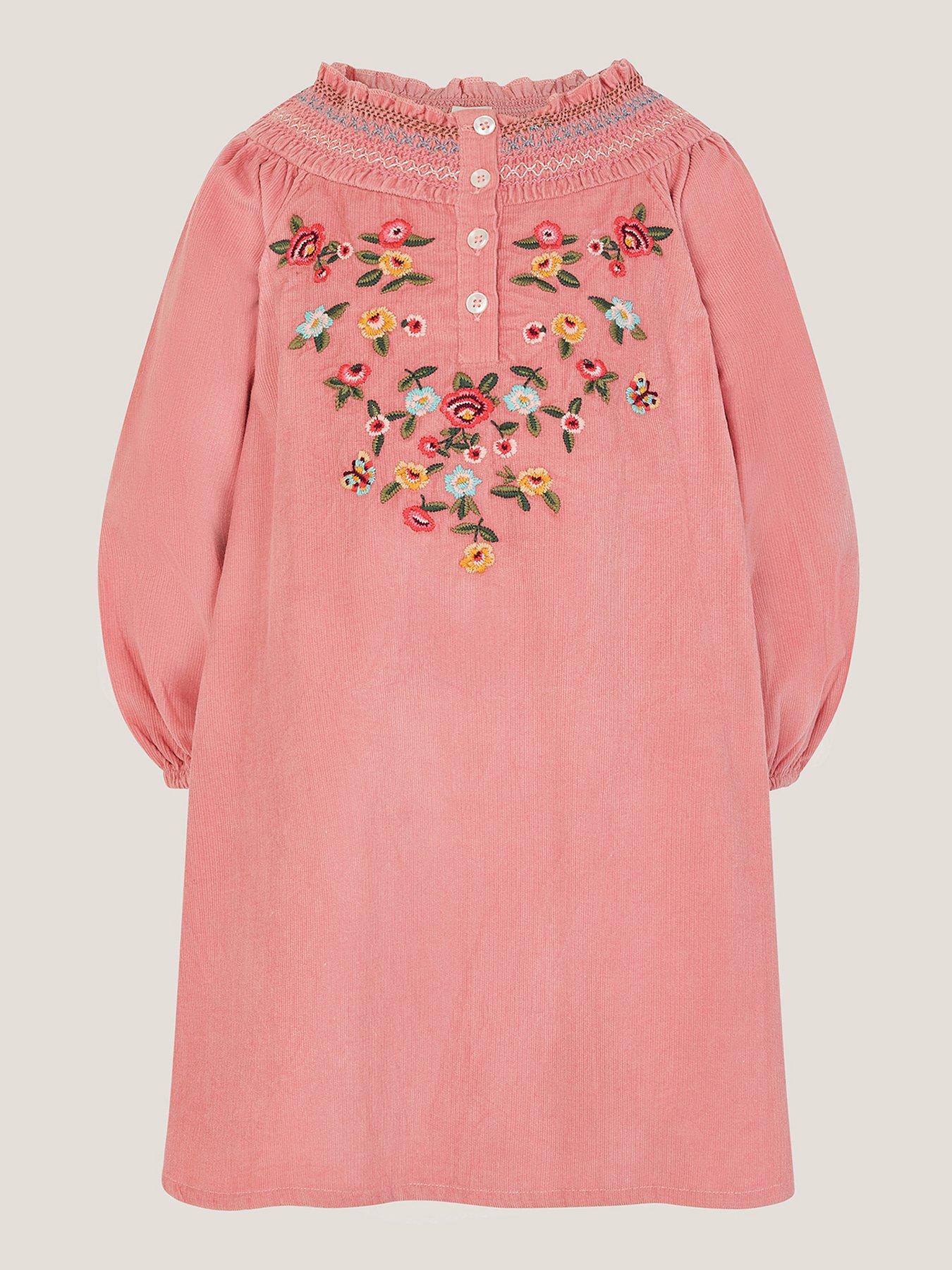 undefined Girls Smocked Embroidered Cord Dress - Pink