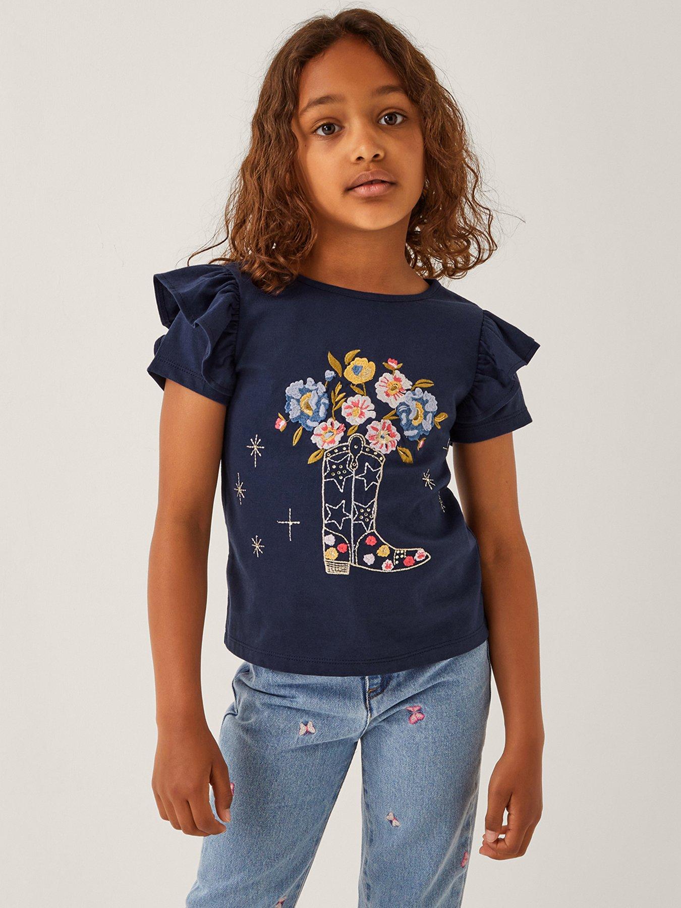 undefined Girls Cowboy Boot Floral Tshirt - Navy