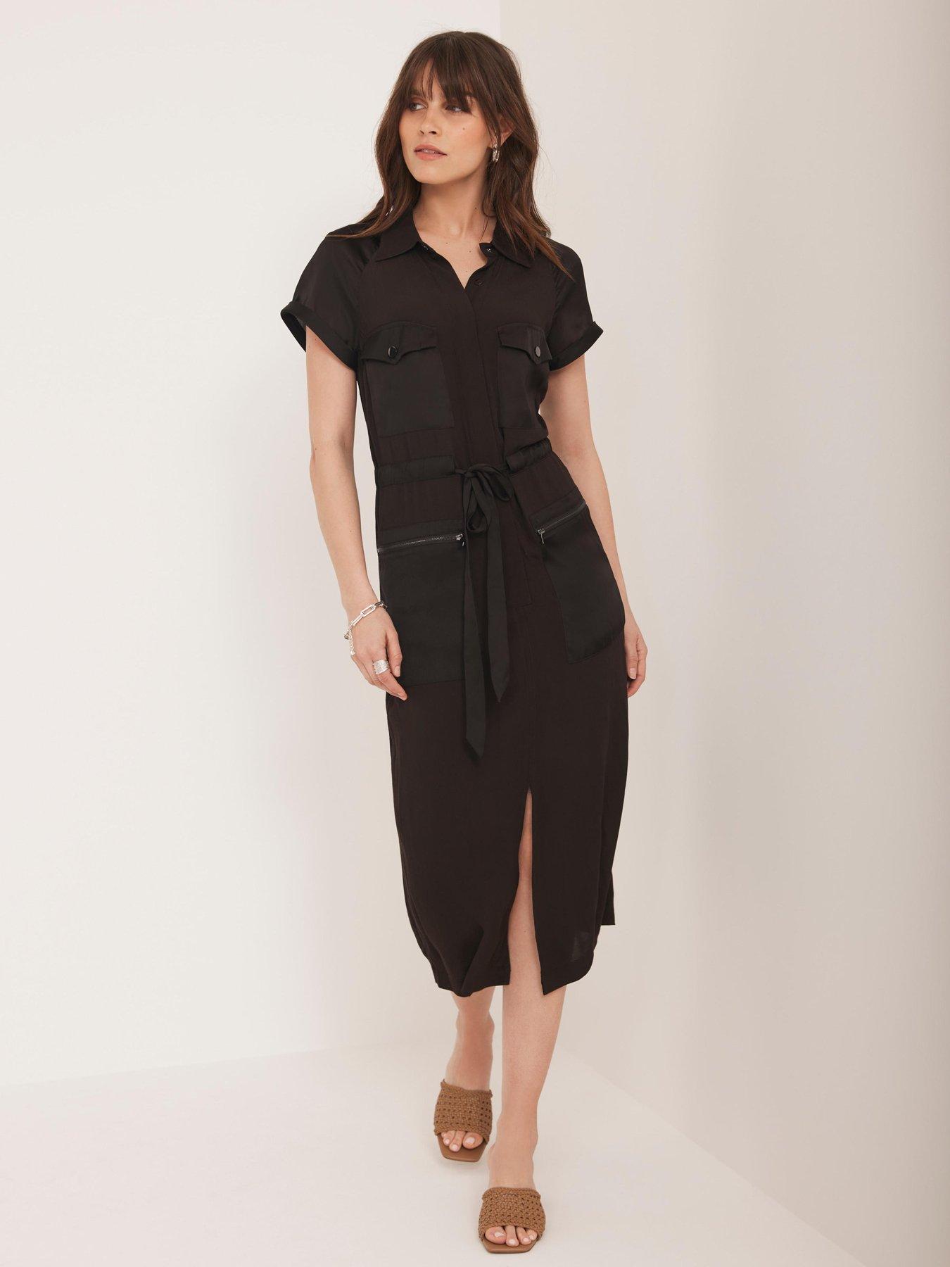 undefined Satin Mix Utility Midi Dress - Brown