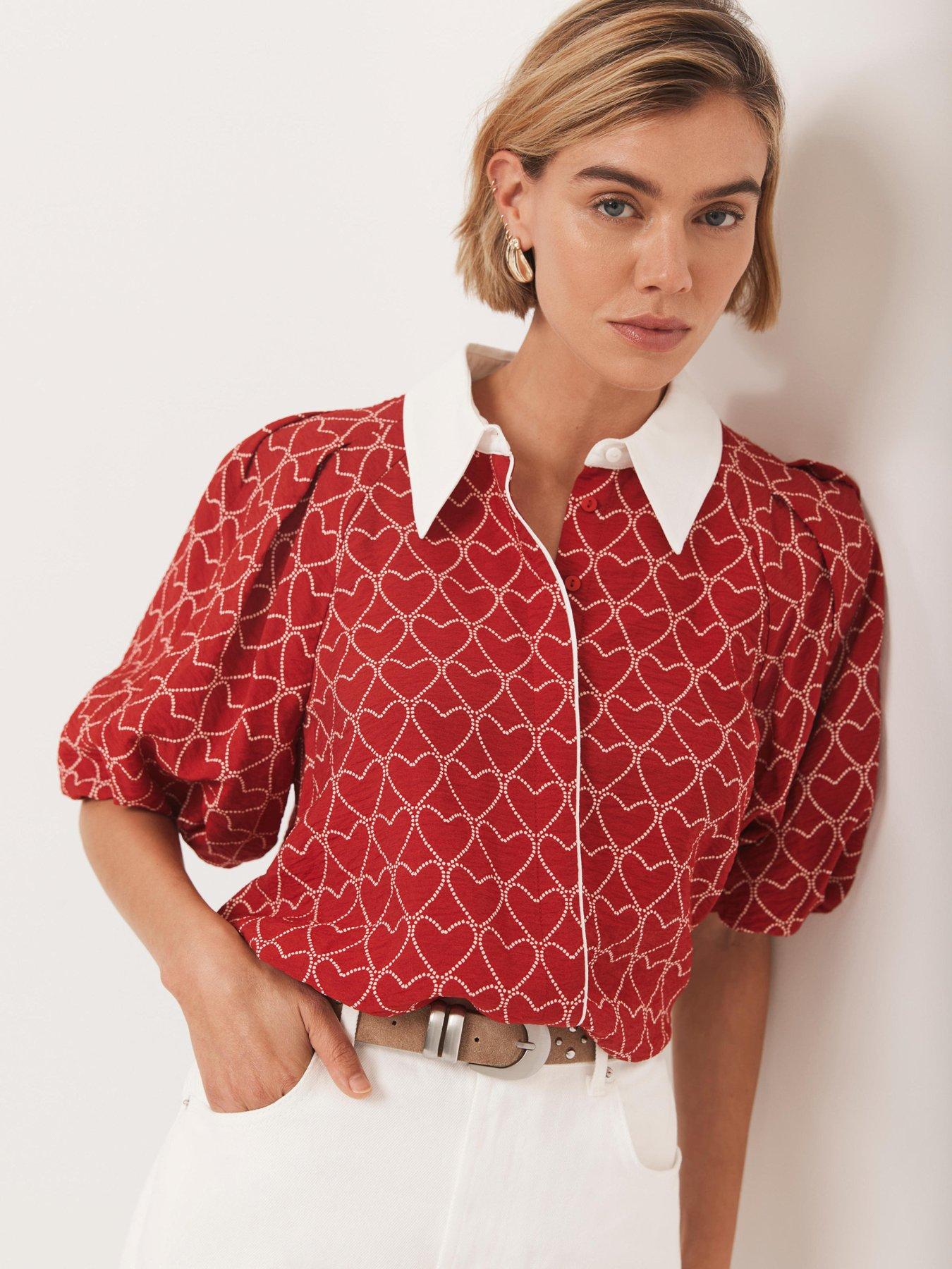 undefined Heart Print Puff Sleeve Shirt - Red