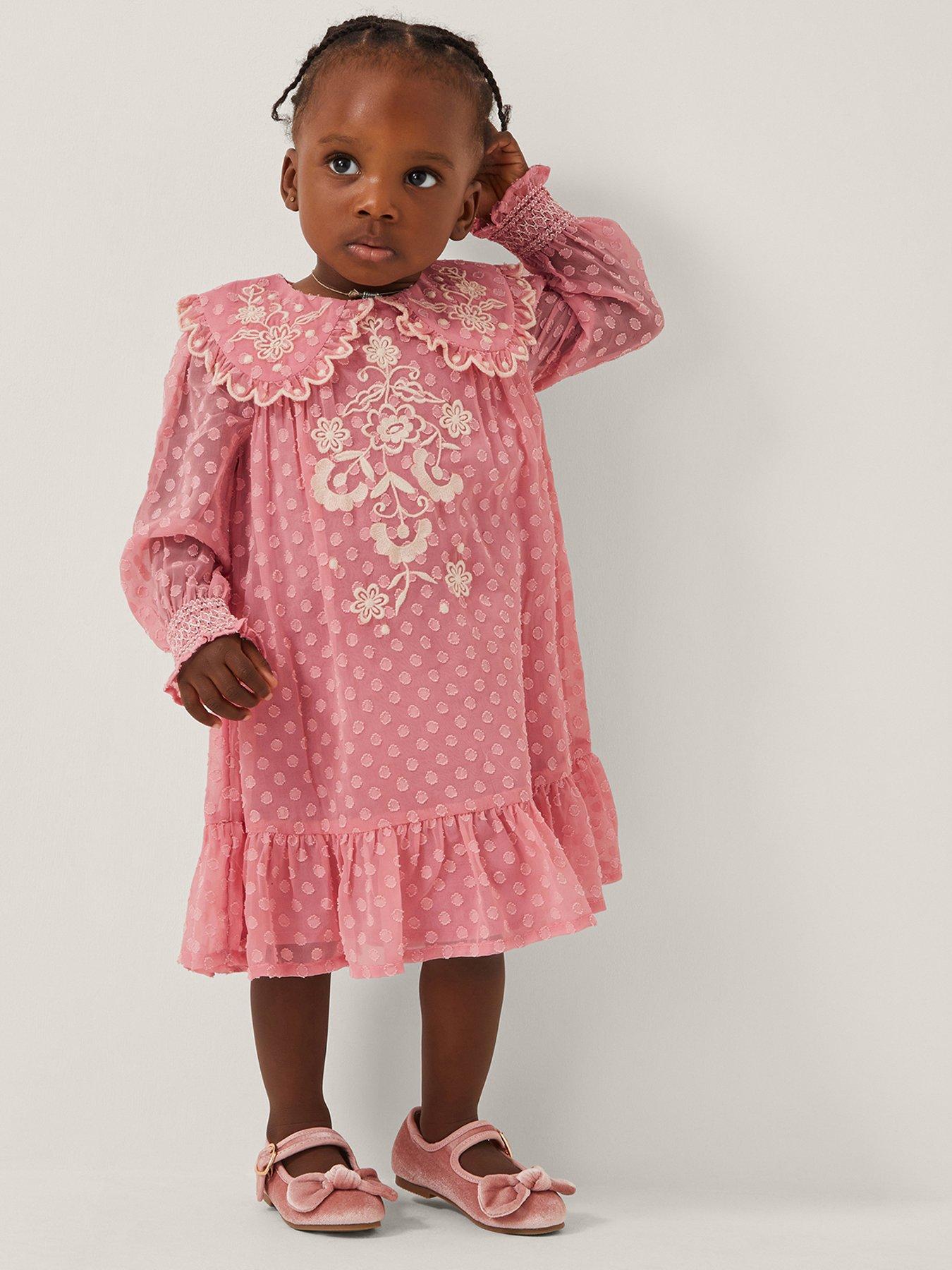 undefined Baby Girls Embroidered Dobby Dress - Pink