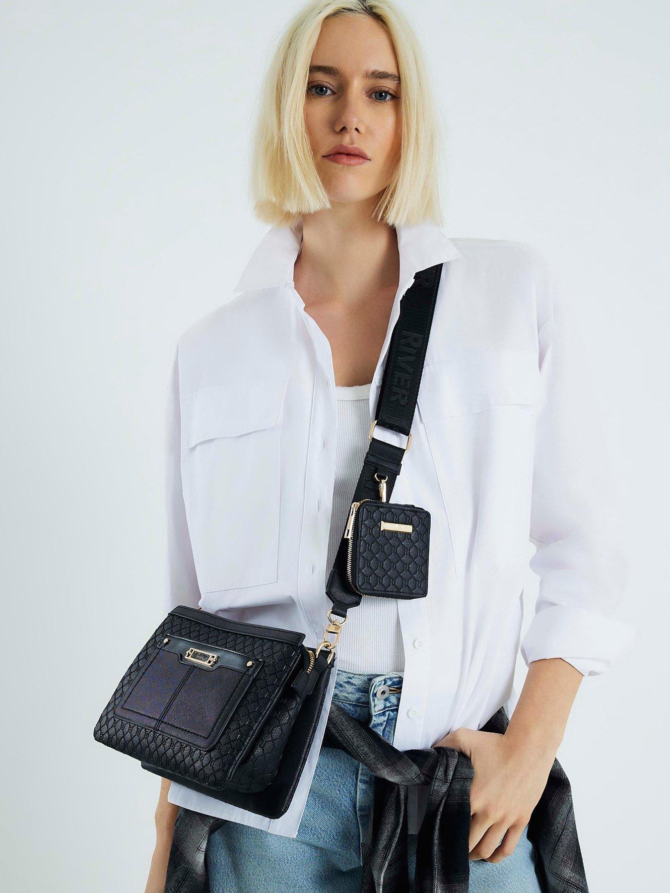 Image 1 of 5 of River Island 2934 Monogram Tri Comp Cross Body Bag - Black