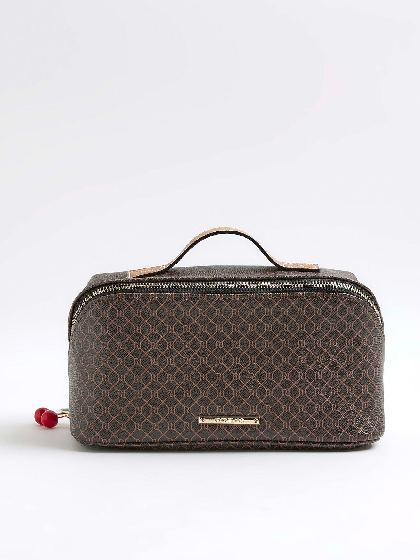 Image 1 of 5 of River Island Large Charm Monogram Make Up Bag - Brown