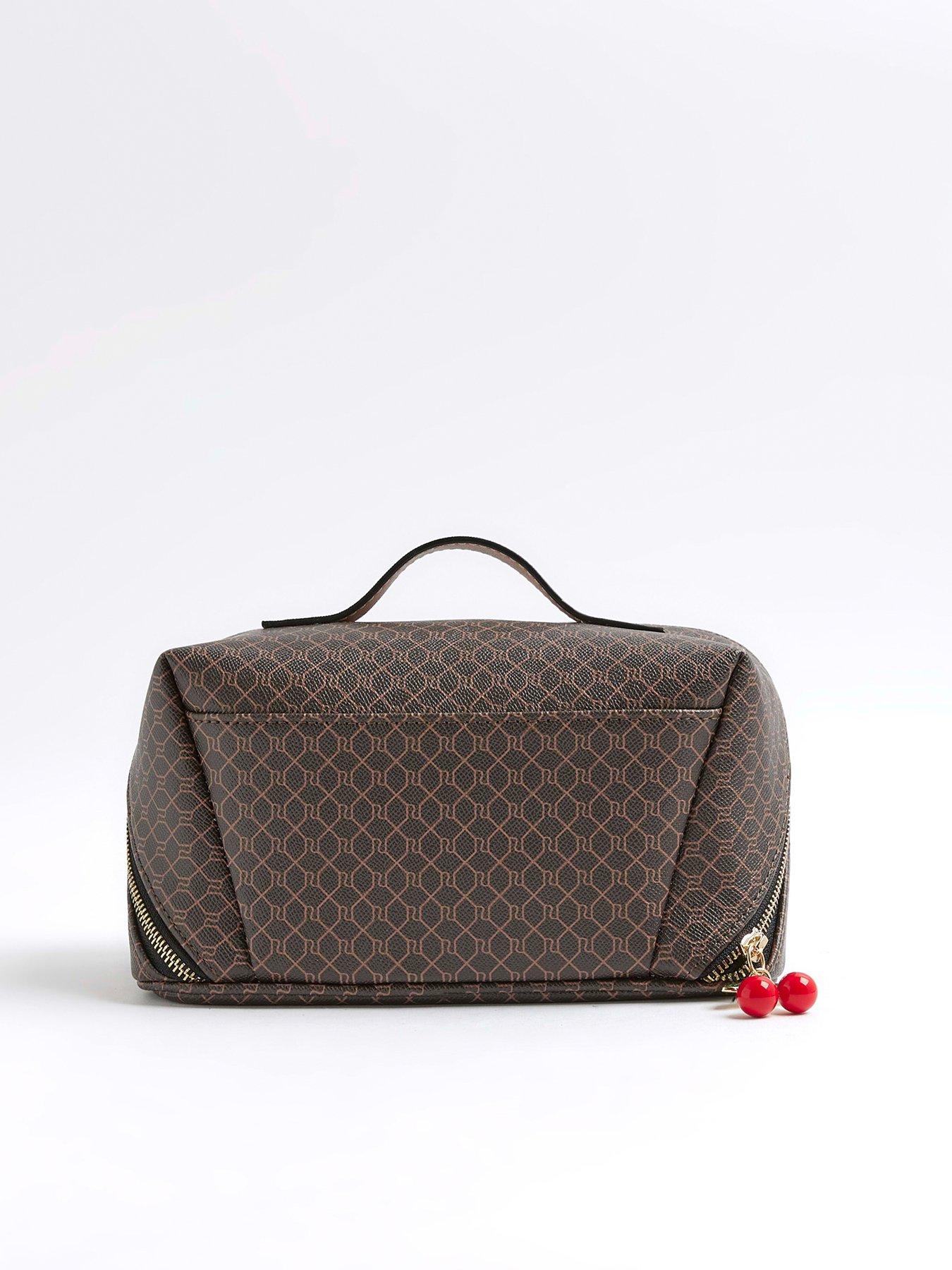 Image 2 of 5 of River Island Large Charm Monogram Make Up Bag - Brown