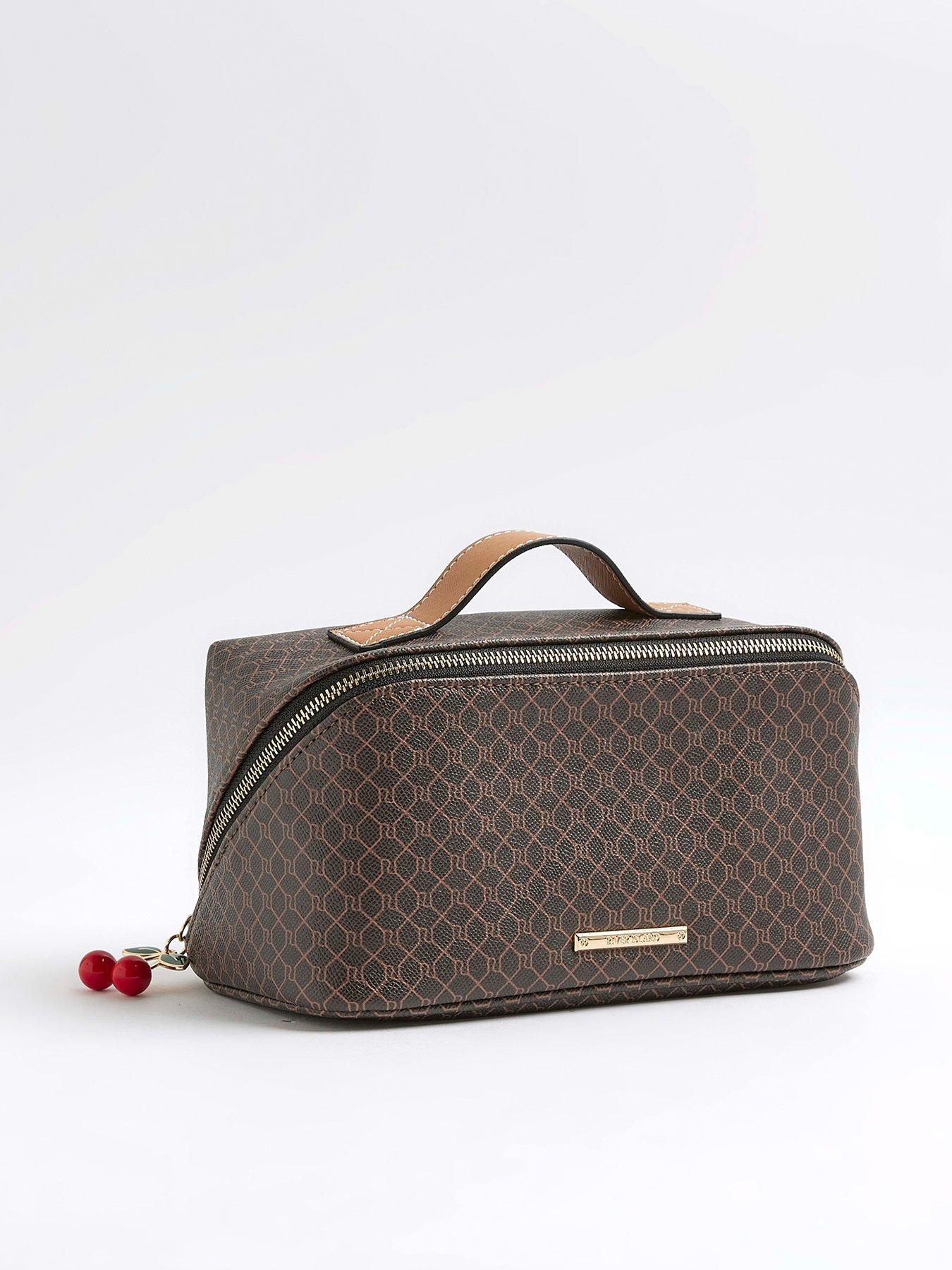 Image 3 of 5 of River Island Large Charm Monogram Make Up Bag - Brown