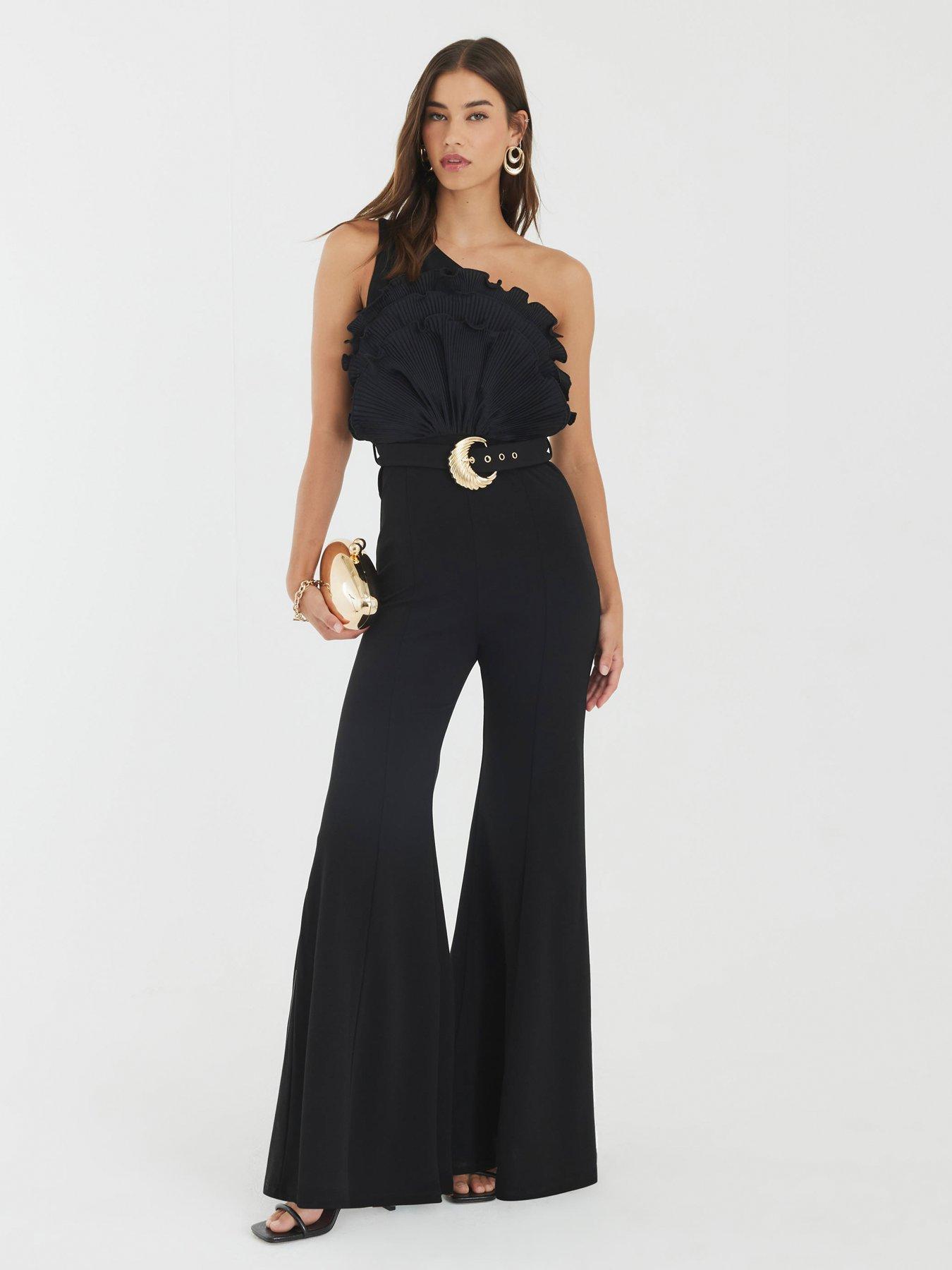 Image 1 of 4 of River Island 3D Trim One Shoulder Jumpsuit - Black