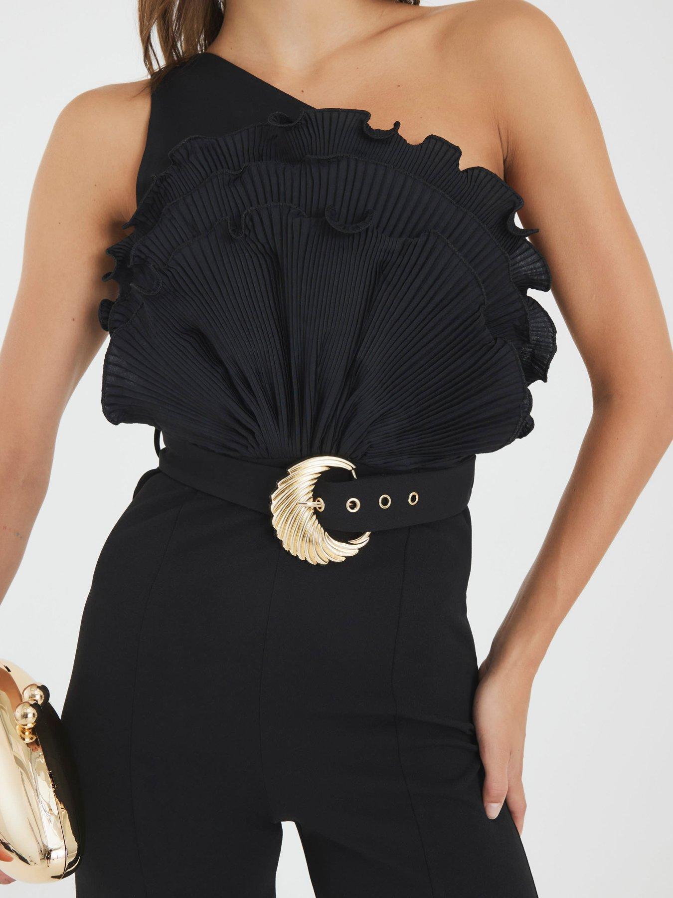 Image 4 of 4 of River Island 3D Trim One Shoulder Jumpsuit - Black