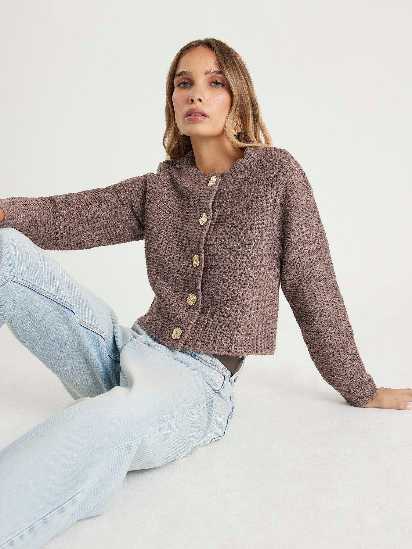 River Island Tape Yarn Long Sleeve Cardi - Beige