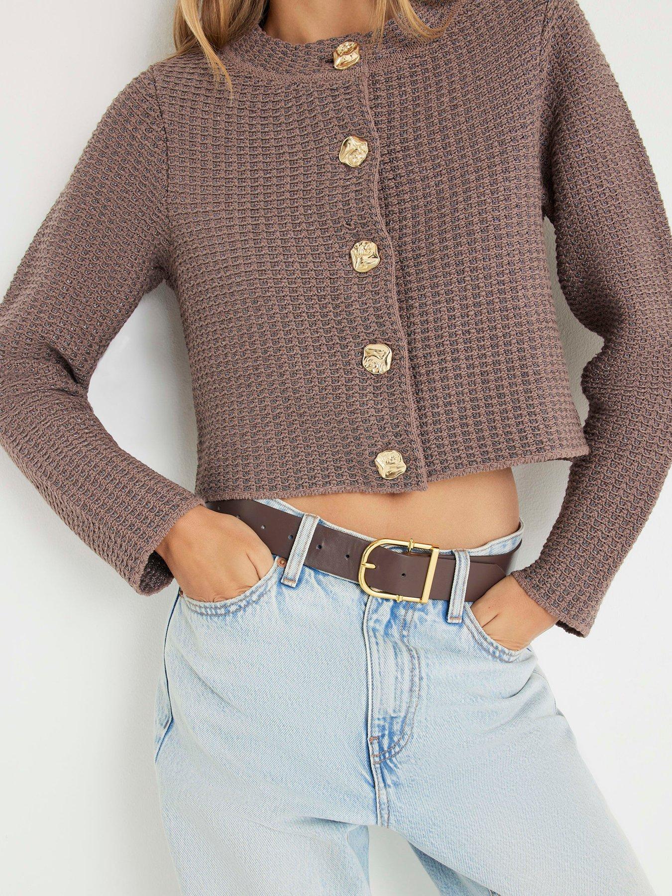 Image 4 of 4 of River Island Tape Yarn Long Sleeve Cardi - Beige