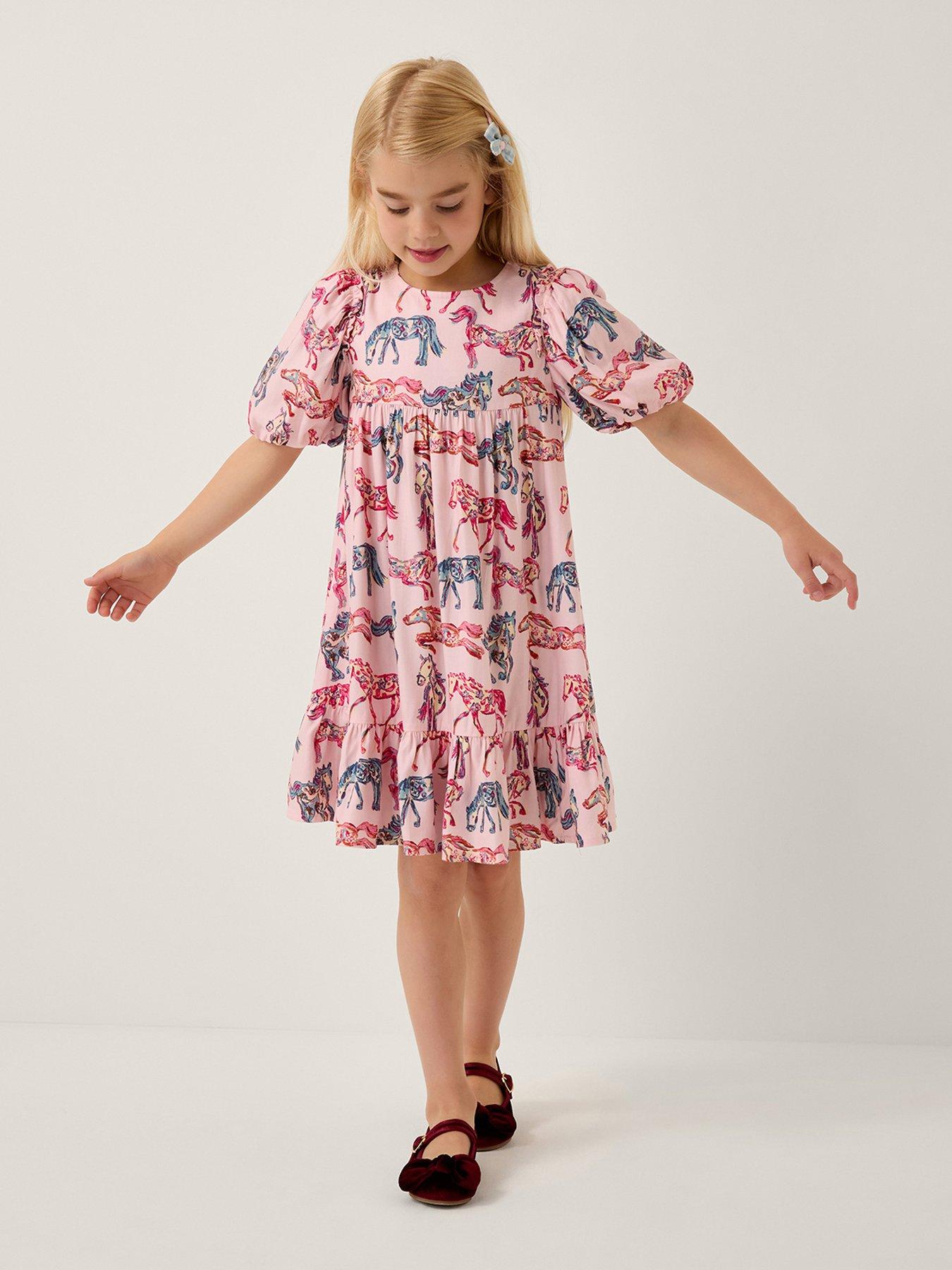 undefined Girls Viscose Horse Print Dress - Pink