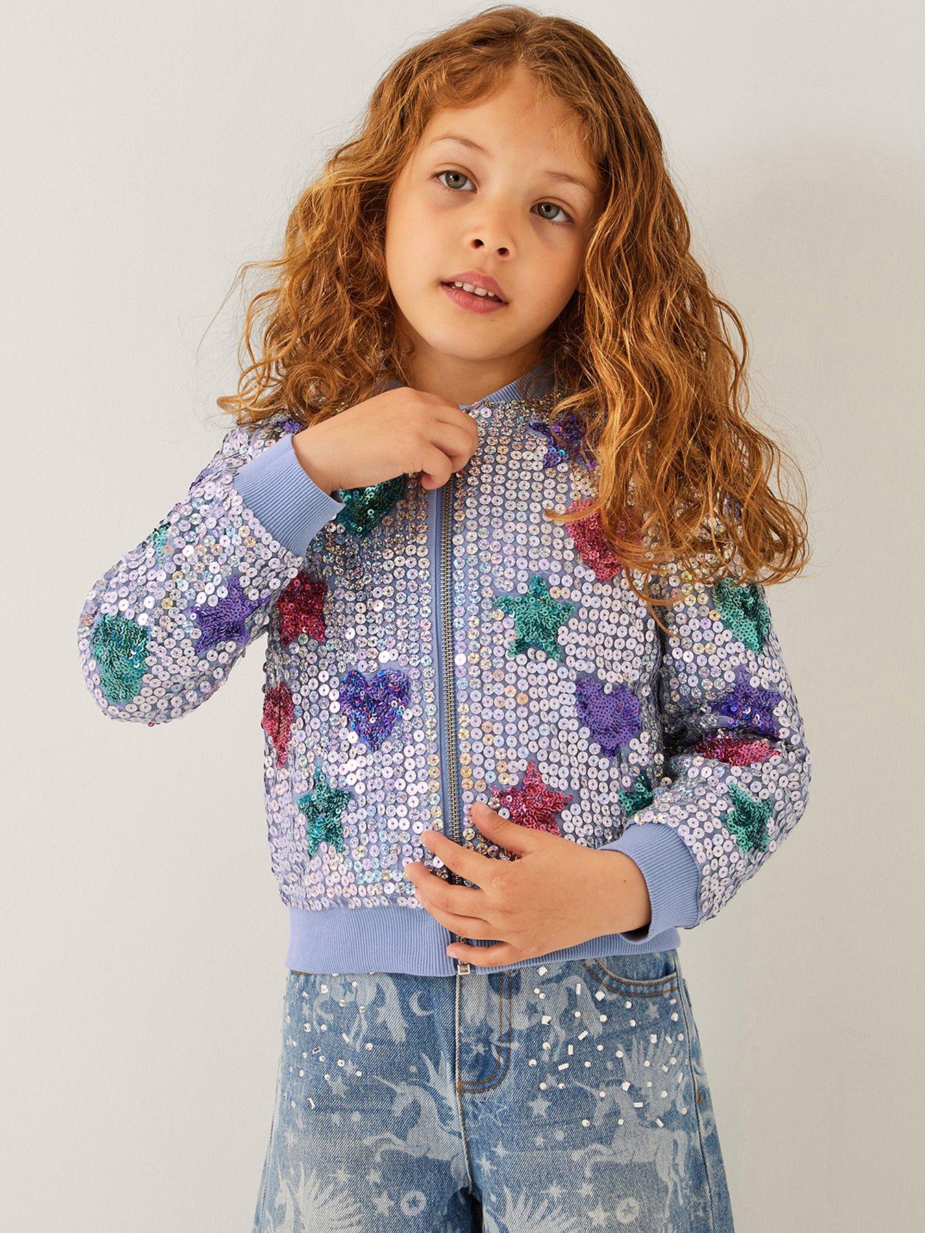 Monsoon Girls Star Heart Sequin Bomber Jacket Blue Very