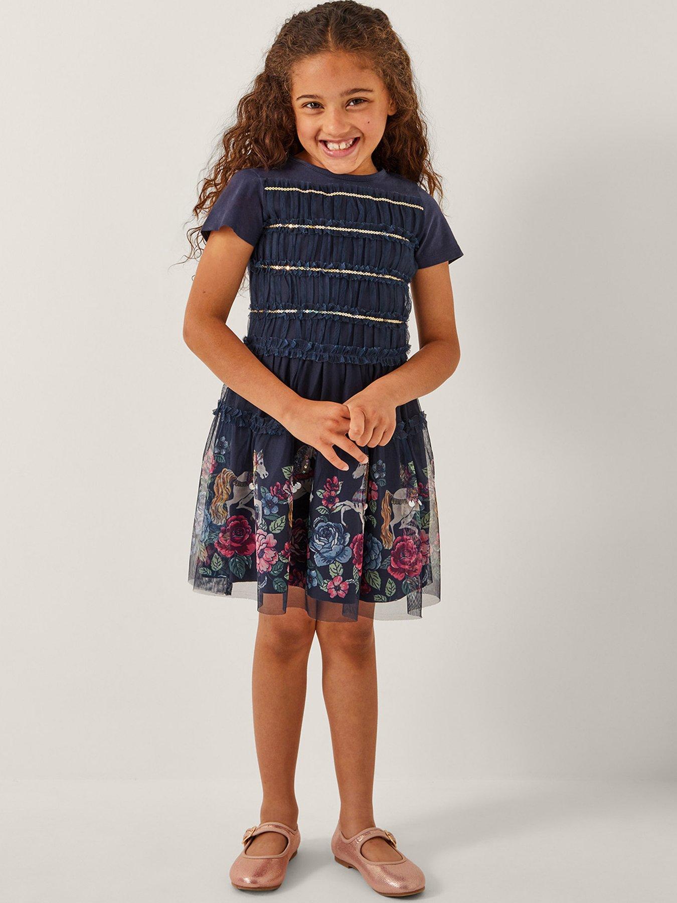 undefined Girls Unicorn Border Print Jersey Dress - Navy