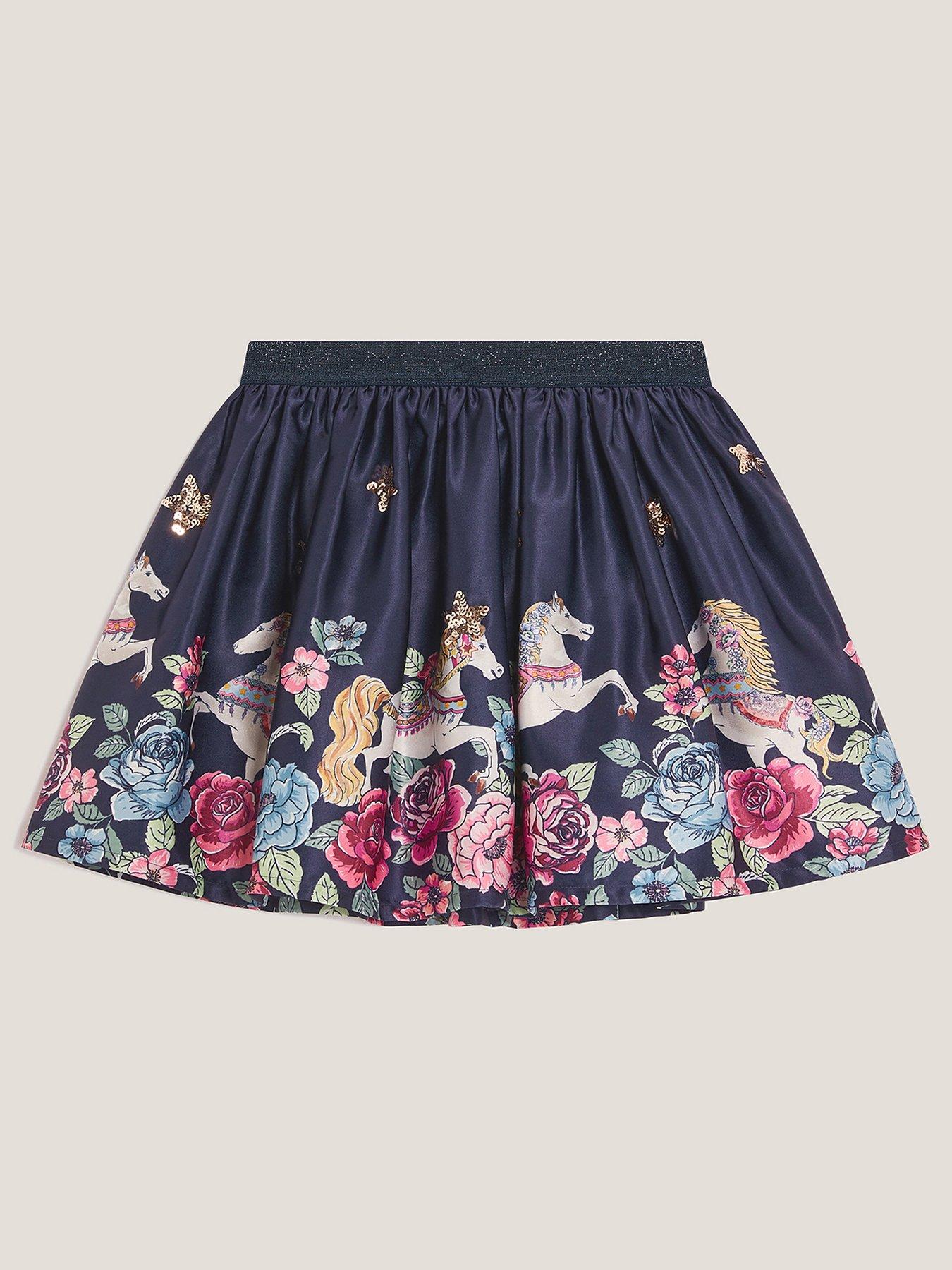 undefined Girls Unicorn Border Print Satin Skirt - Navy
