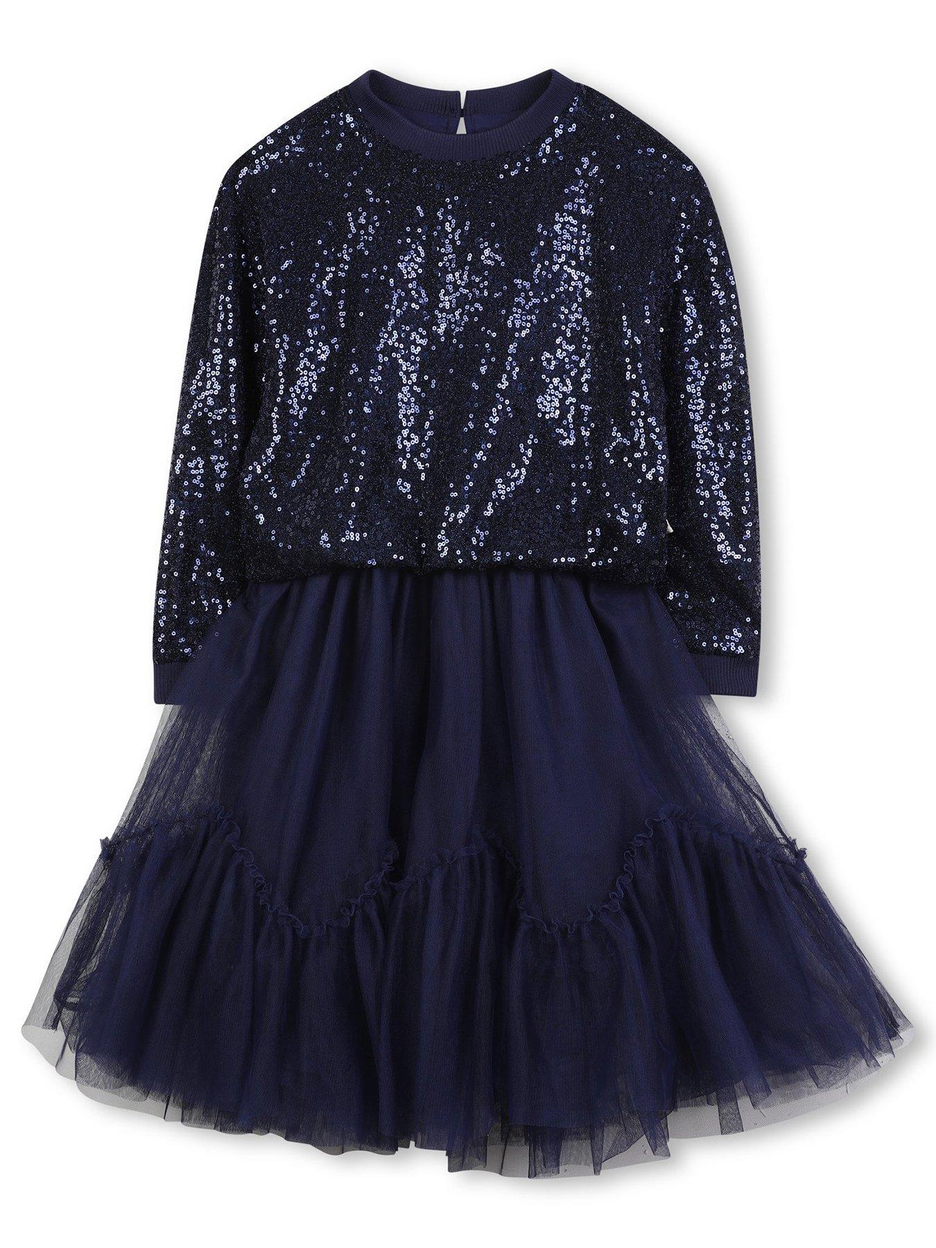 Billieblush Girls Sequin Top Mesh Skirt Dress - Navy
