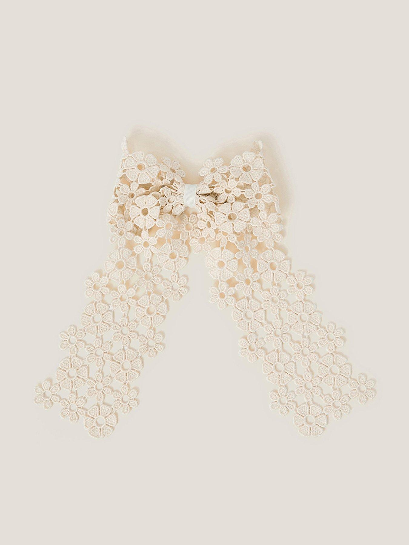 undefined Girls Daisy Embroidered Long Tie Bow Hair Clip - Cream