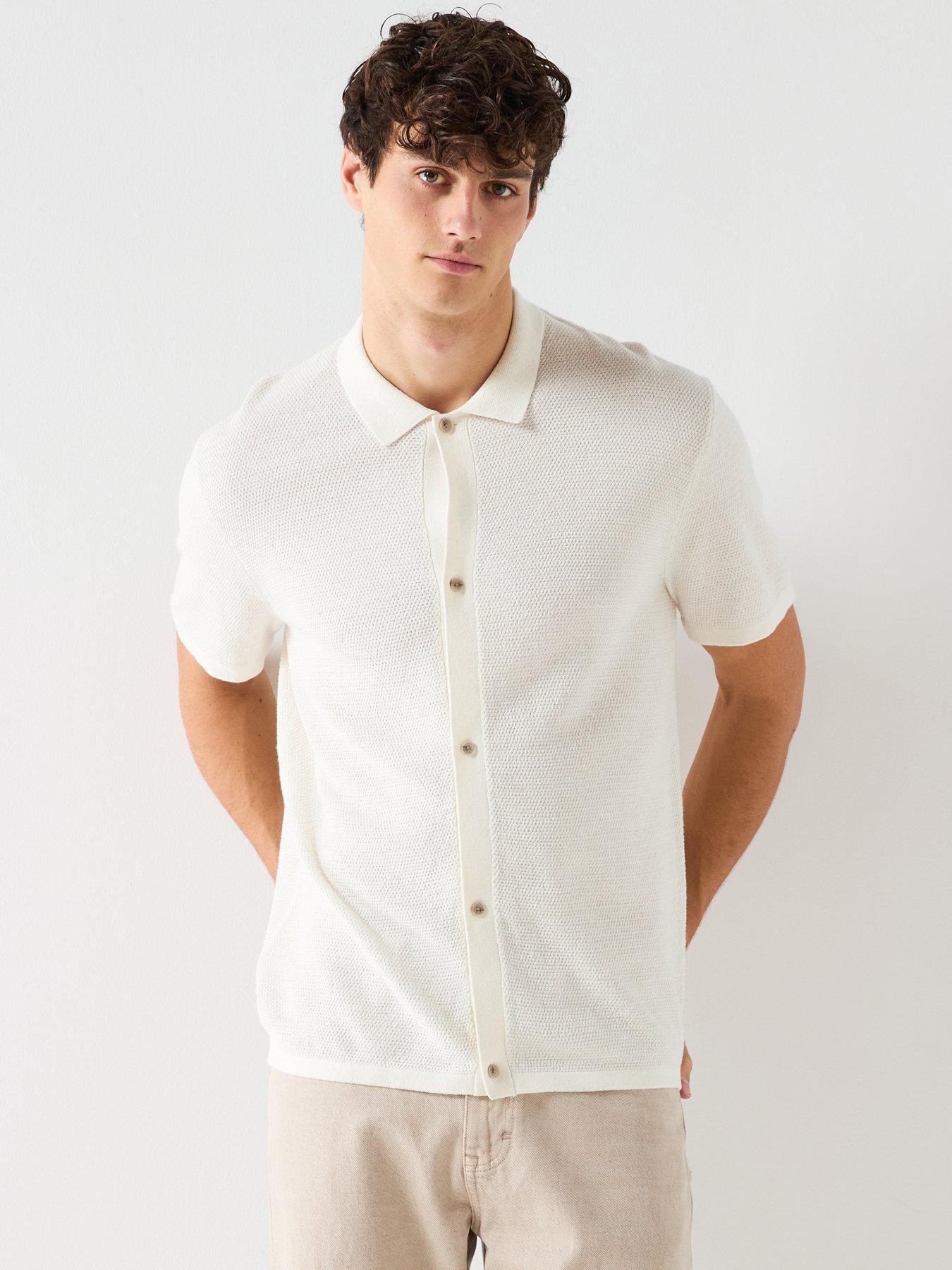 Image 1 of 6 of Jack & Jones George Button-Up Knitted Short Sleeve Top - White