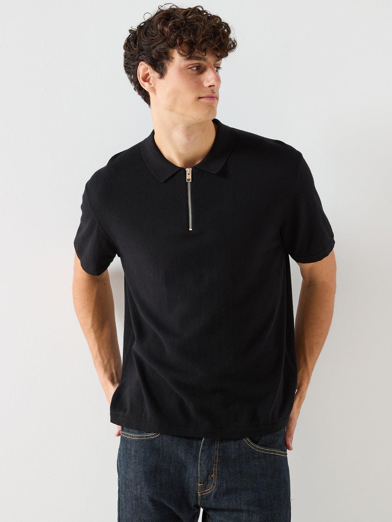 Jack & Jones Zip Through Short Sleeve Knitted Polo Top - Black