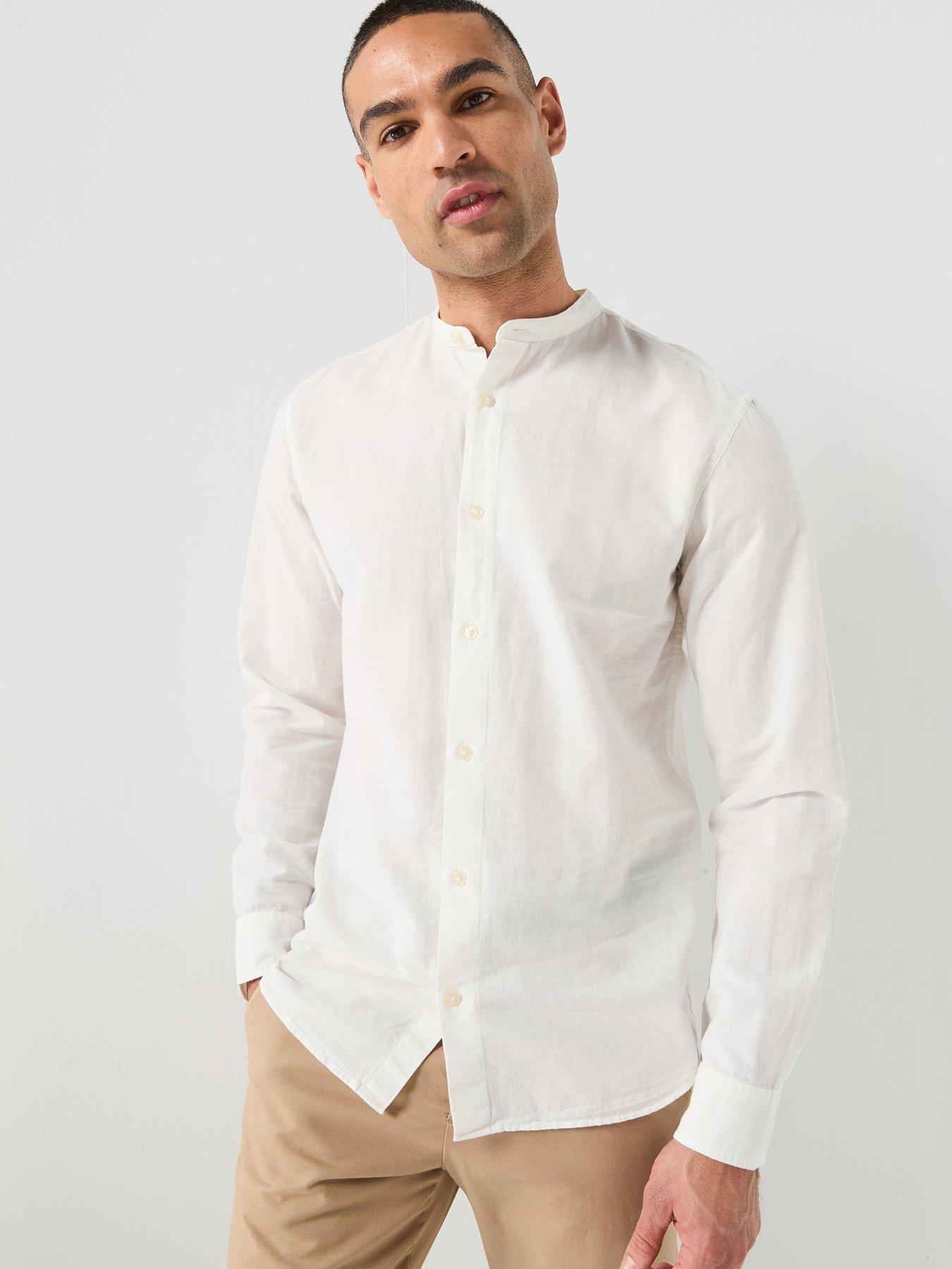 Jack & Jones Breeze Linen Blend Grandad Collar Long Sleeve Shirt - White
