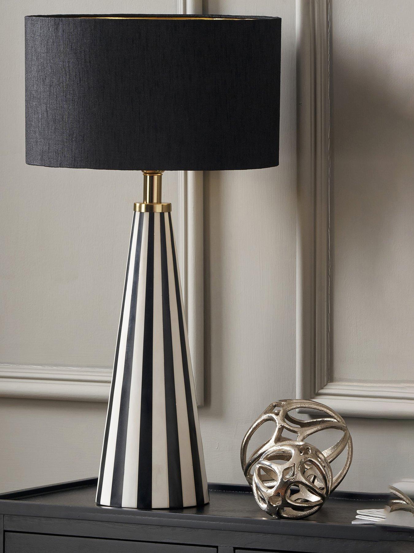 undefined Alejo Black and White Stripe Conical Resin Table Lamp Base with Harry 35cm Black Cotton Mix Cylinder Lampshade