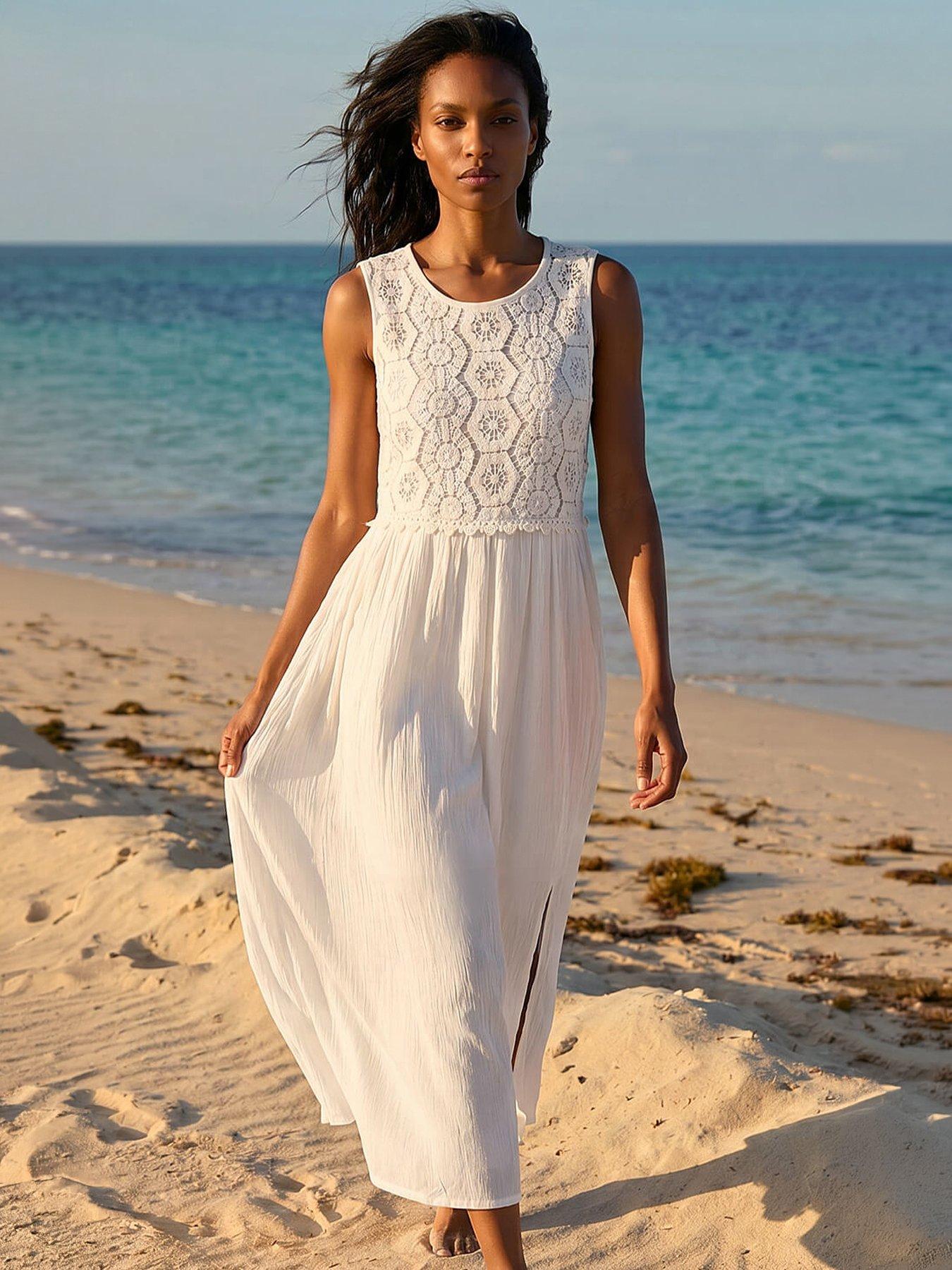 Roman Crochet Bodice Midi Dress, White, Size 14, Women