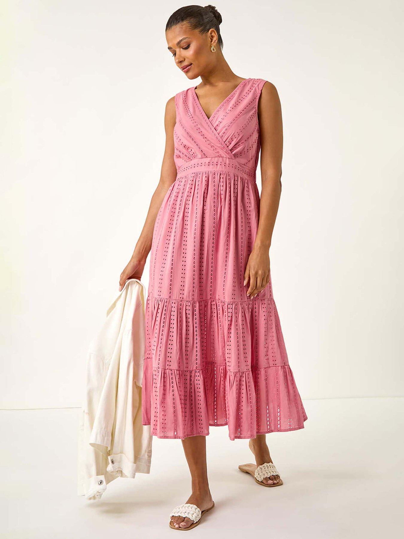 undefined Embroidered V-Neck Midi Dress - Pink