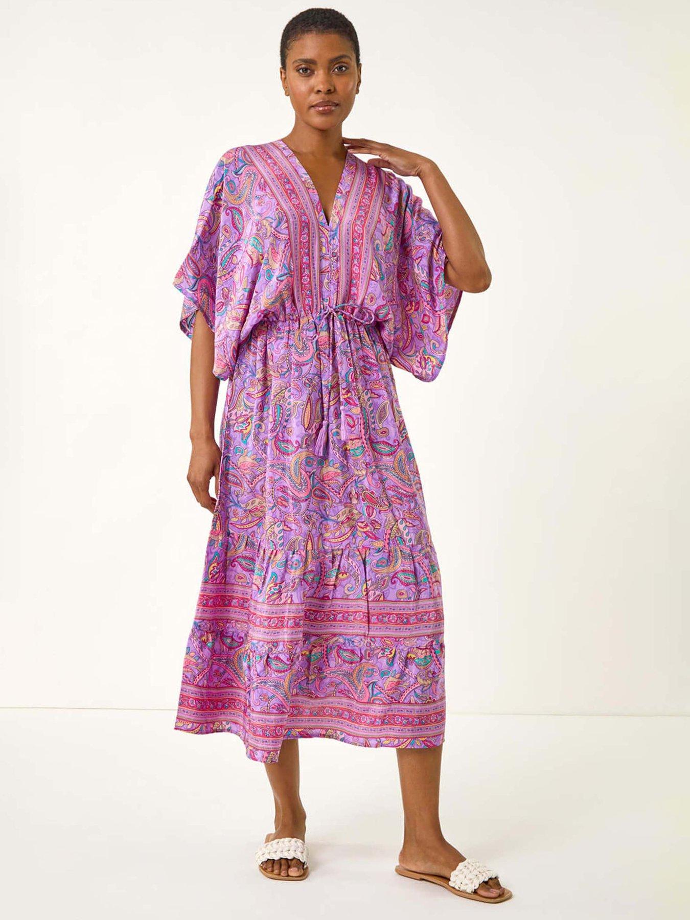 Roman Paisley Print V-Neck Midi Dress, Purple, Size 14, Women