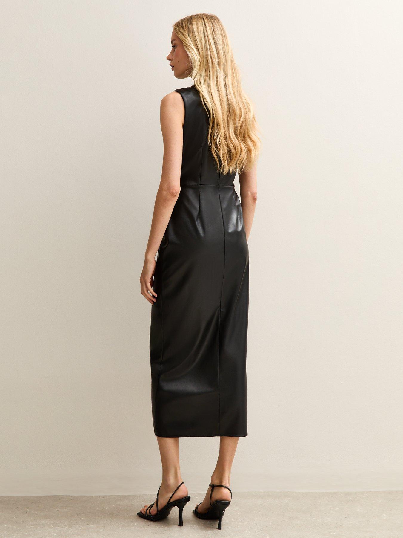 New Look Black Faux Leather Ruched Wrap Midi Dress