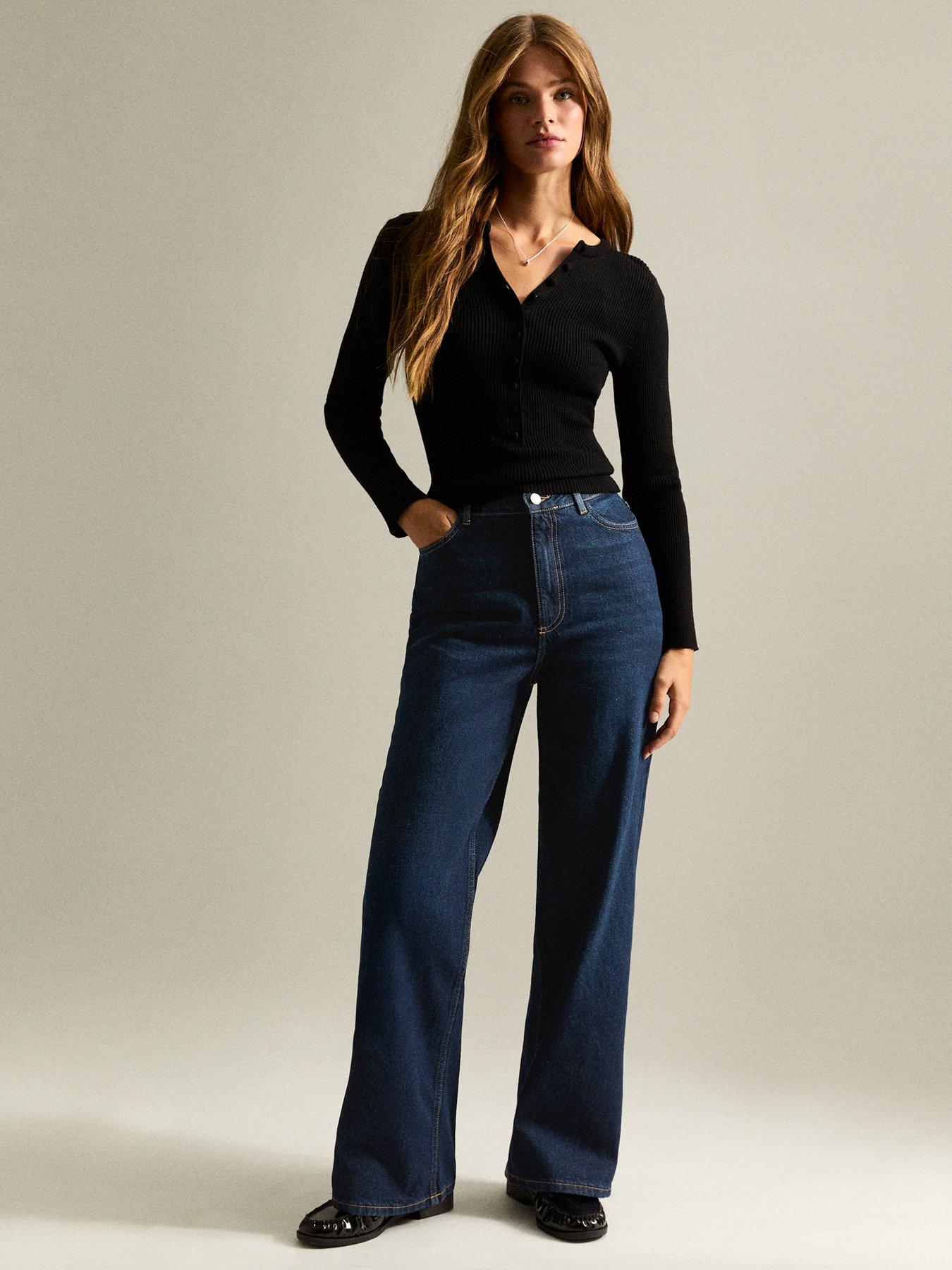 Image 4 of 7 of New Look Dark Blue Adalae High Waisted Wide Leg Jeans