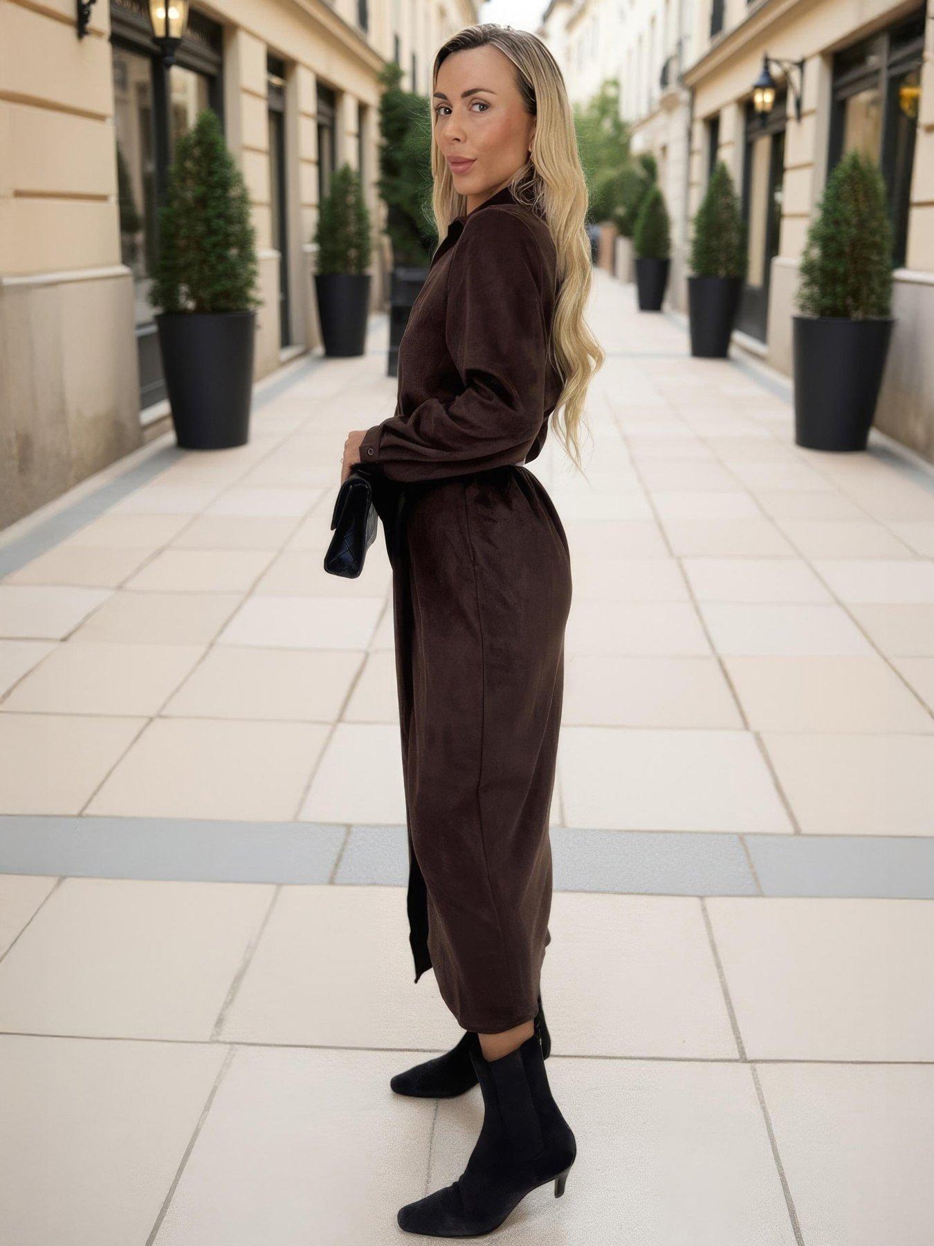 AX Paris Faux Suede Belted Shirt Dress - Brown | Very