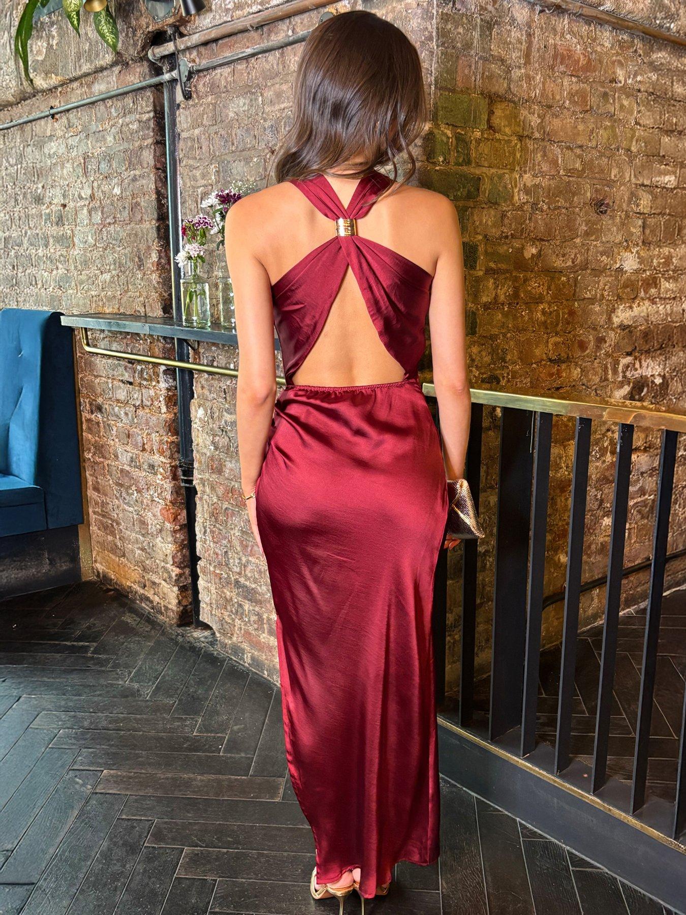Image 2 of 4 of AX Paris Satin Cowl Neck Cross Back Midi Dress - Red