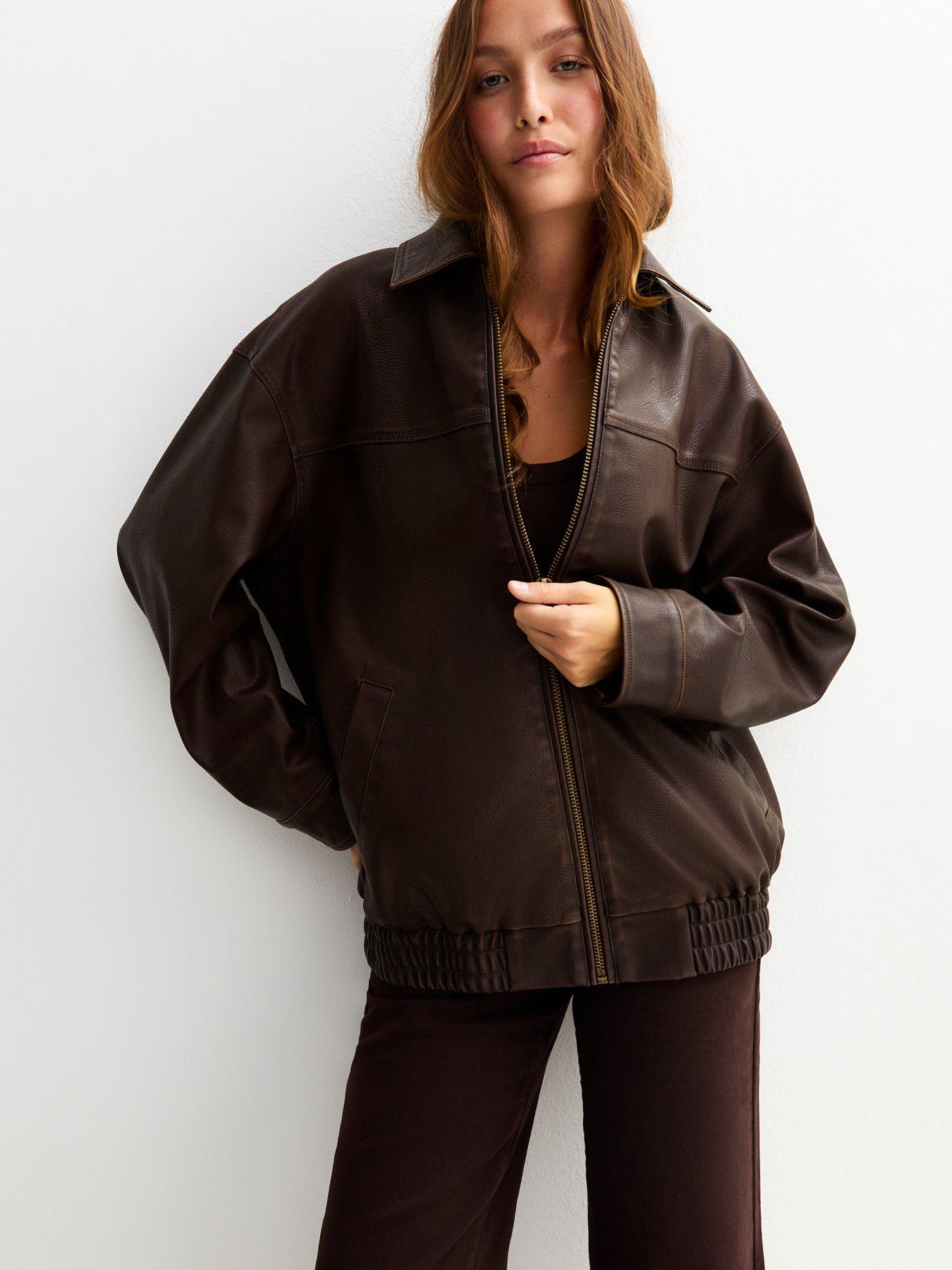 New Look Oversized Washed Faux Leather Jacket - Dark Brown